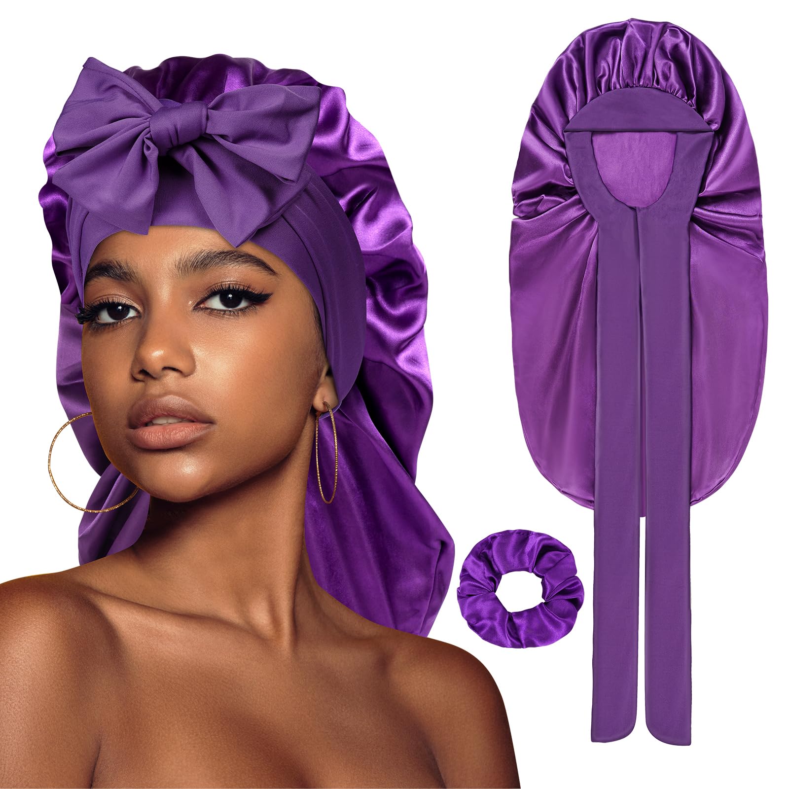 ACWOO Satin Haarhaube für Damen, 2 Stück Lange Satin Schlafmütze, Seidenhaube Zum Schlafen Schlafhaube Haare Schützen für die Nacht Bonnet mit elastischem Band