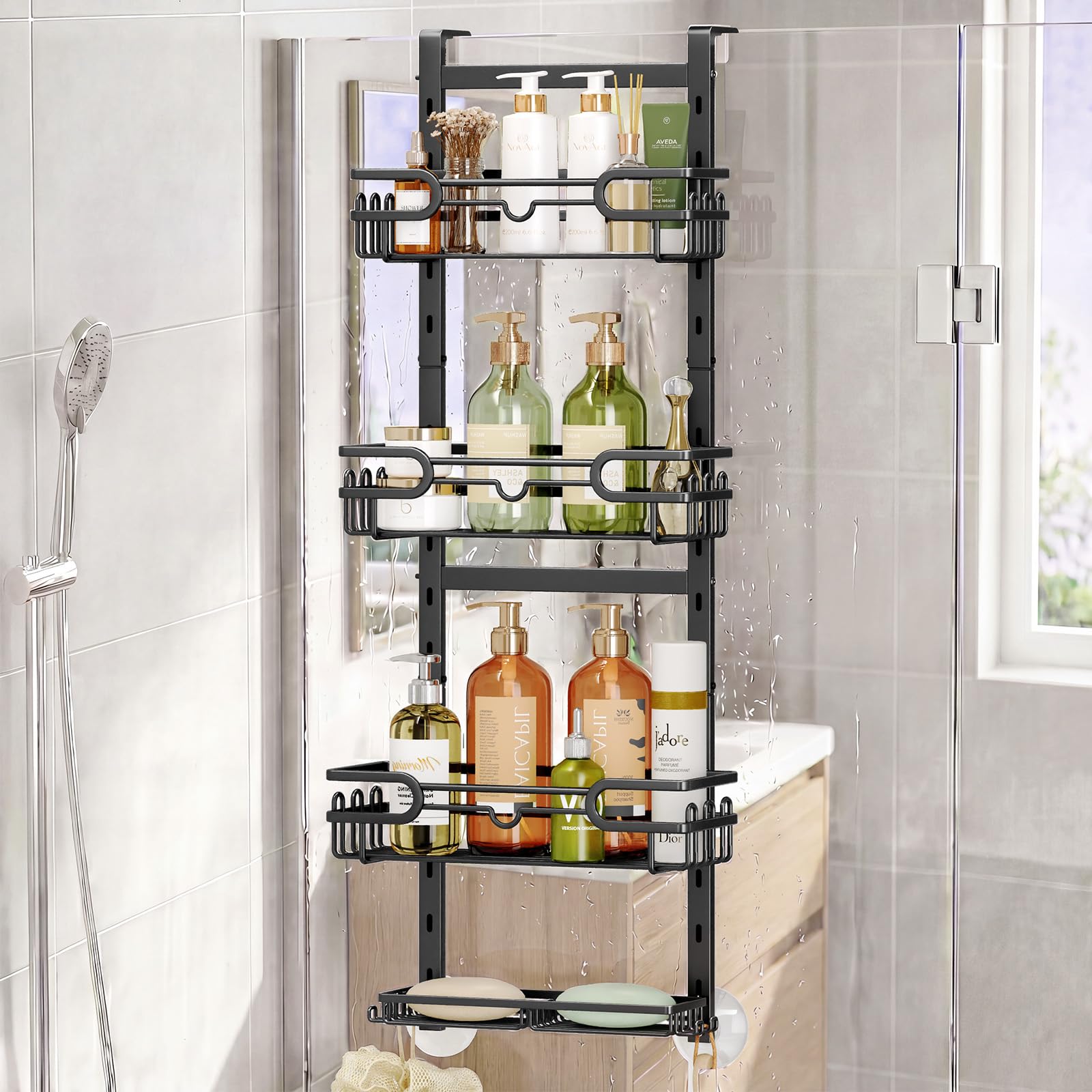 HapiRm Estante de ducha para colgar – Estantería de ducha colgante ajustable con 4 niveles cesta de ducha, estante de ducha sin taladrar con jabonera y ganchos, estante de ducha sobre la puerta, pared