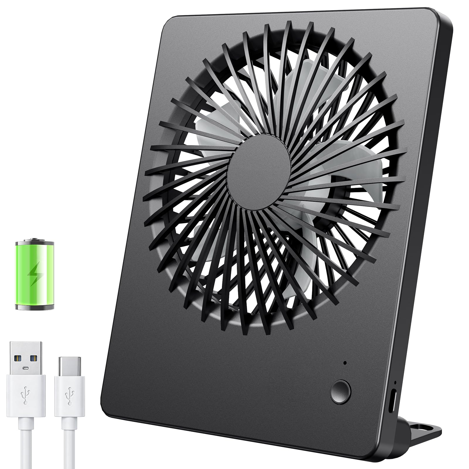TriPole Tischventilator Leise, 2000mAh Ladefähige USB Ventilatoren Ausführen Bis zu 4-16 Std, 3 Geschwindigkeiten Tragbarer Akkulüfter-30dB, 180°Einstellbar, für Büro, Bibliothek, Reise-Schwarz