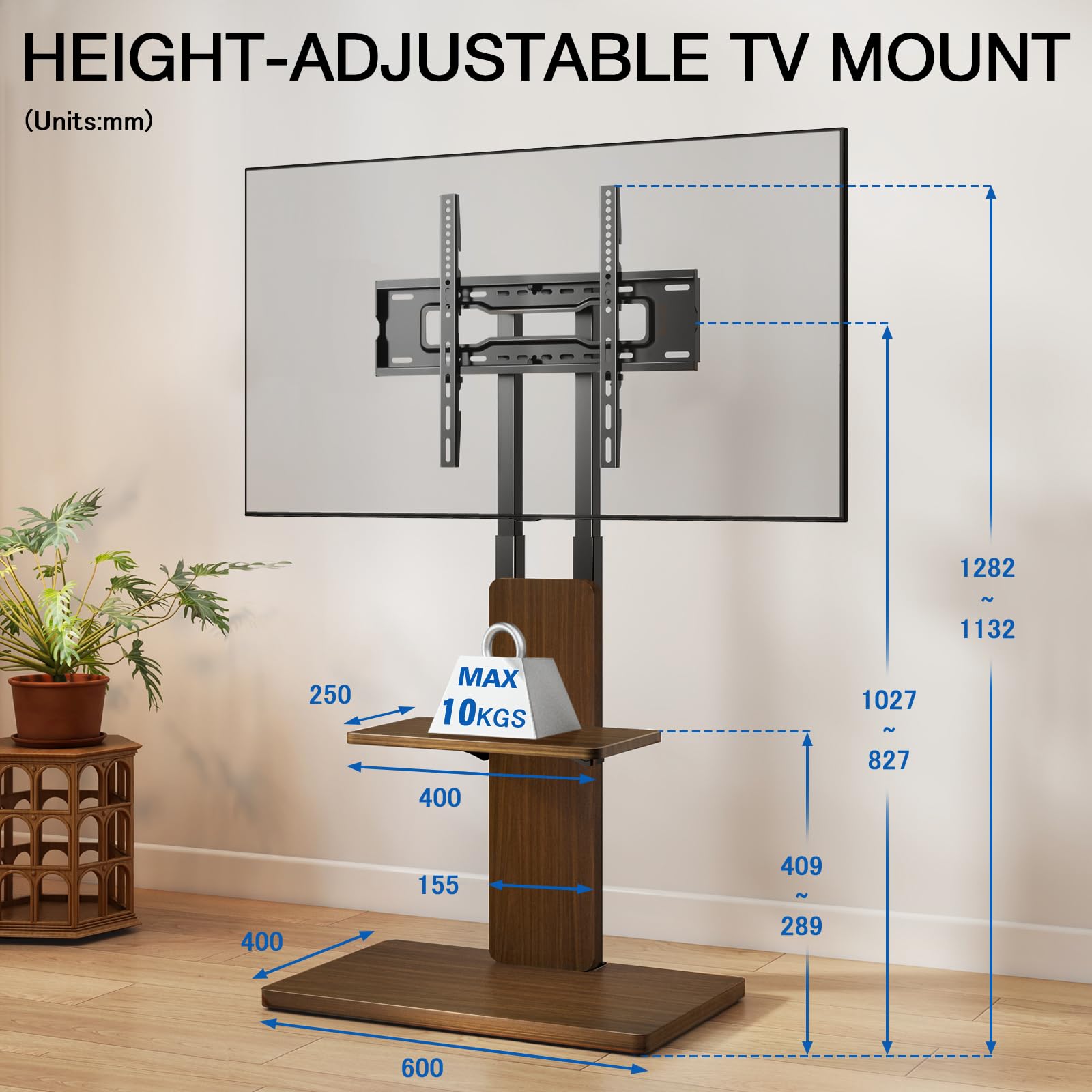 TVON Support TV au Sol avec roulettes Cachées pour Téléviseurs 32-70 Pouces, Hauteur Réglable, Support TV sur Pied Jusqu'à 45 kg avec Étagère Ajustable en Bois, Max VESA 400x400mm