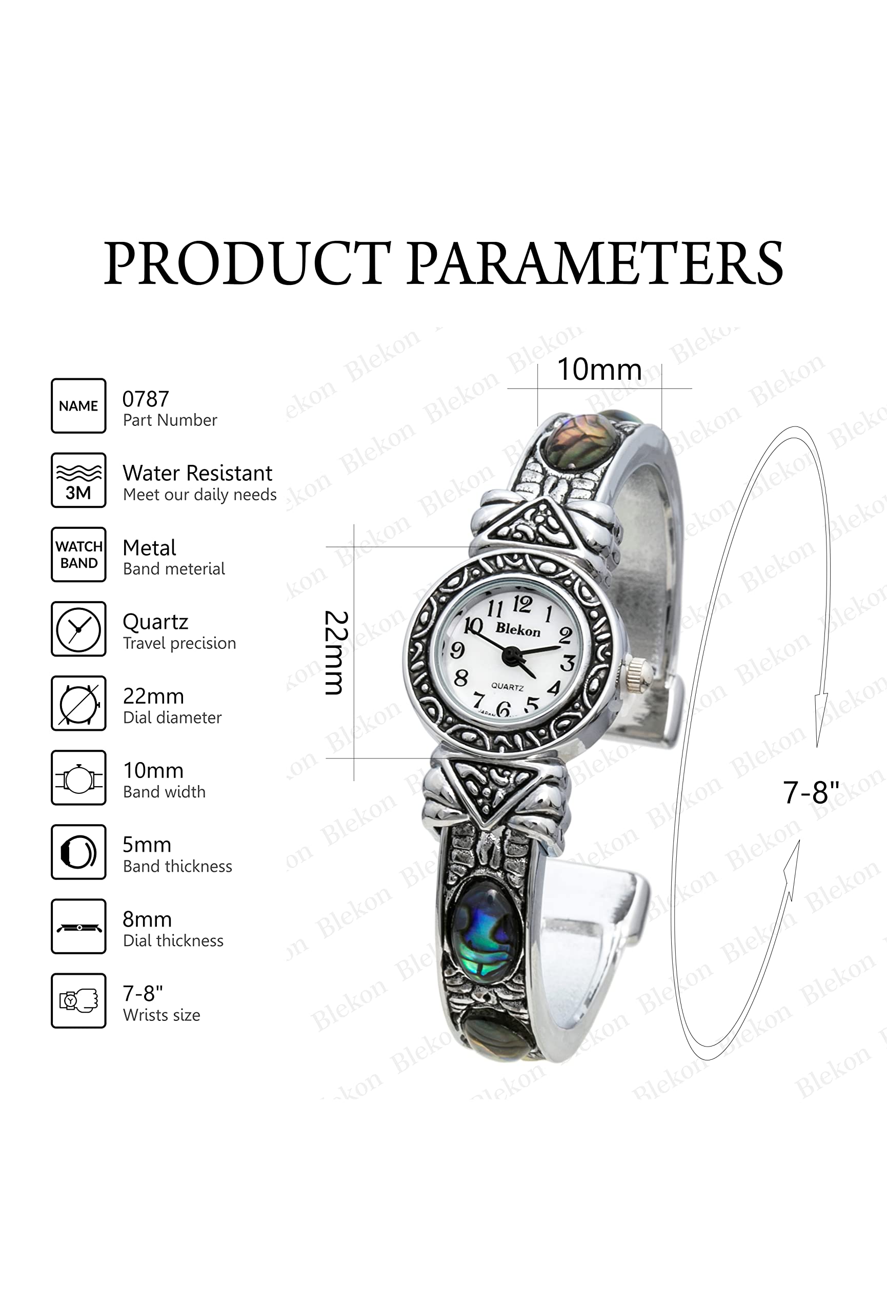 Blekon Stone Studded Watch for Women, 22mm Case Japanese Quartz Movement and Large Cuff Bangle, Best Fits Wrists Measuring 7-8 inches (Turq)