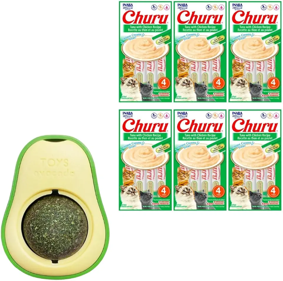 Kit Abacate Catnip + 24 Tubetes Petisco Cremoso Gato Estímulo Sensorial Relaxamento Felino (Pequeno, Atum e Frango)