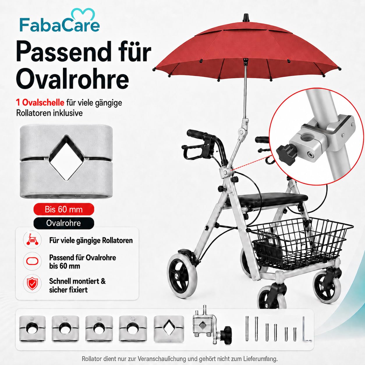 FabaCare Rollatorschirm Protektor 2.0 – Air-Vent Modell 2026 (Doppeldachsystem) – windstabiler Regenschirm & Sonnenschirm mit Halterung für Rollatoren – passend für Rundrohre & Ovalrohre, Rot