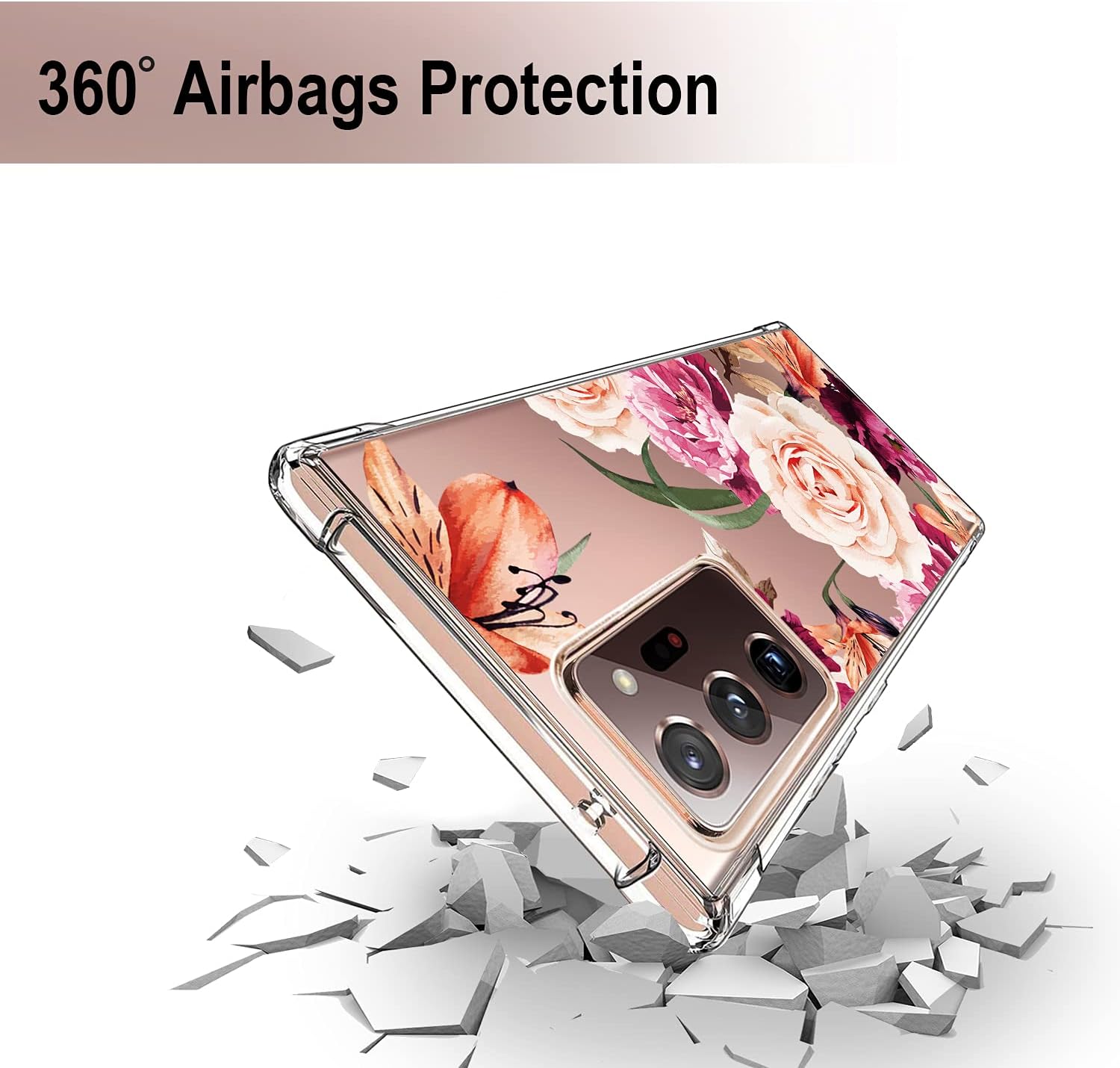 Compatible with Samsung Galaxy Note 20 Ultra 5G 6.9 Inch Case 2020, Pink Floral Roses Design Full Body Protection Cover, Flexible Shockproof TPU Bumper Slim Clear Flower Cover, Cute Blossoms