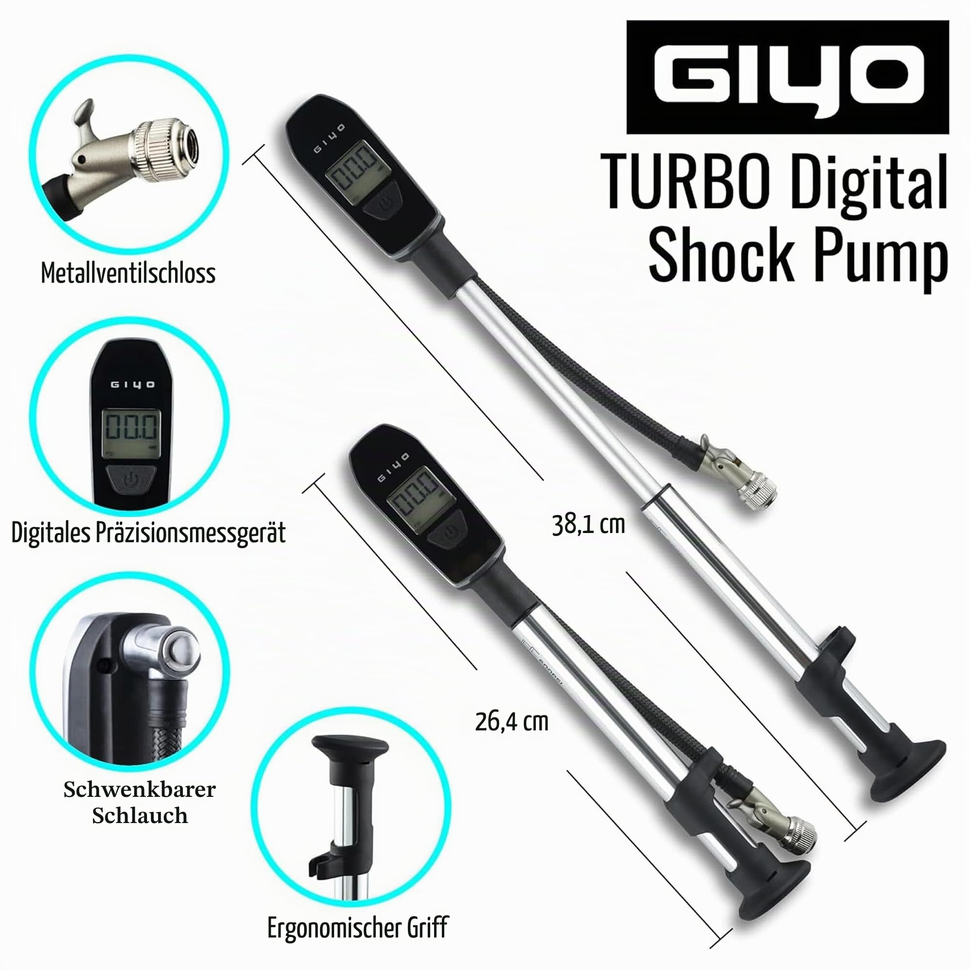 GIYO GS-52L Digitale Turbo-Schockpumpe, 600 PSI, spart 40 % Kraftaufwand, mikroeinstellbarer Entlüfter, Aluminiumfass