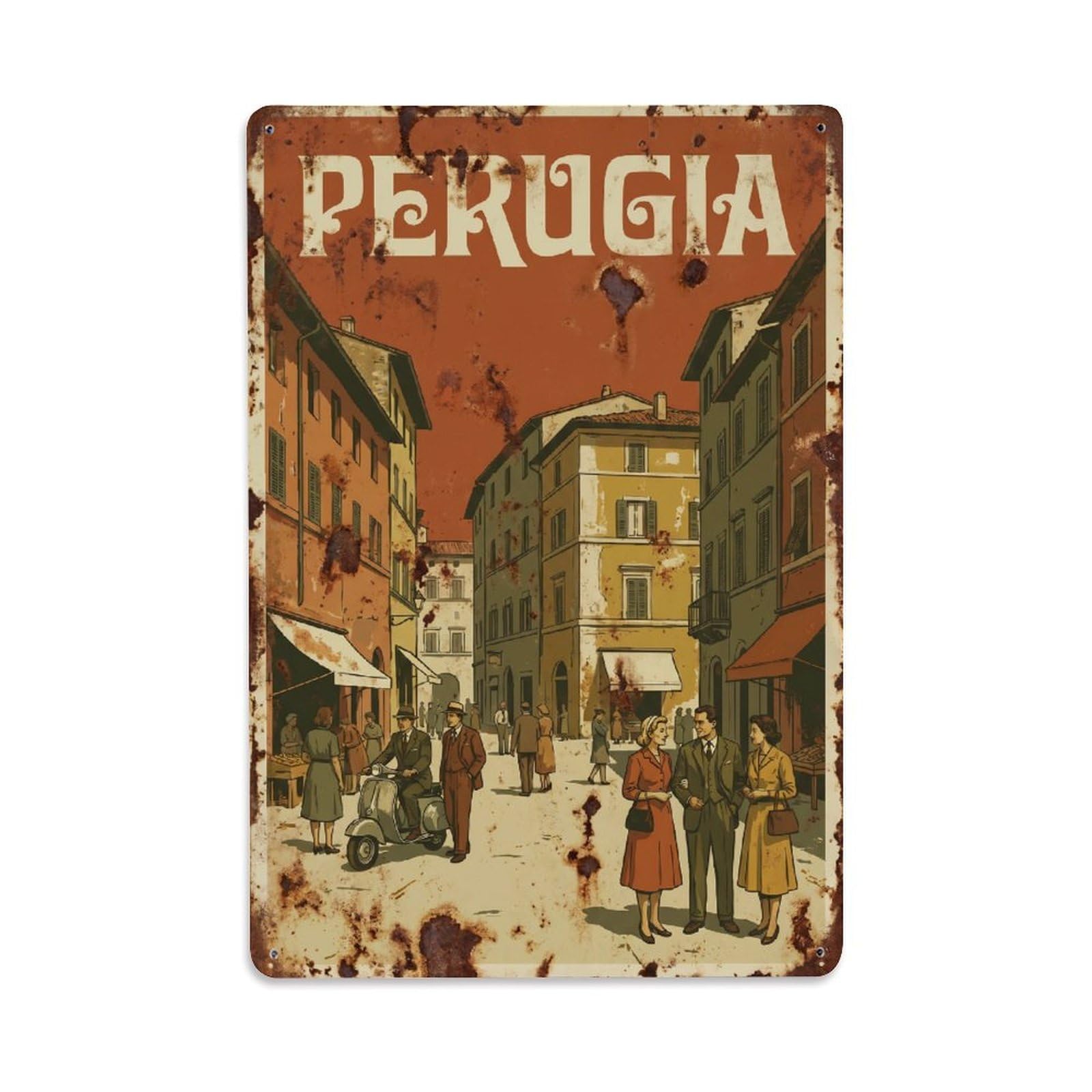 Vintage Travel Perugia Piazza Cavallotti Italy Metal Tin Sign Plaque Wall Decor for Cafe, Club Bar, Office, Home Garden Metal Poster 8x12Inch