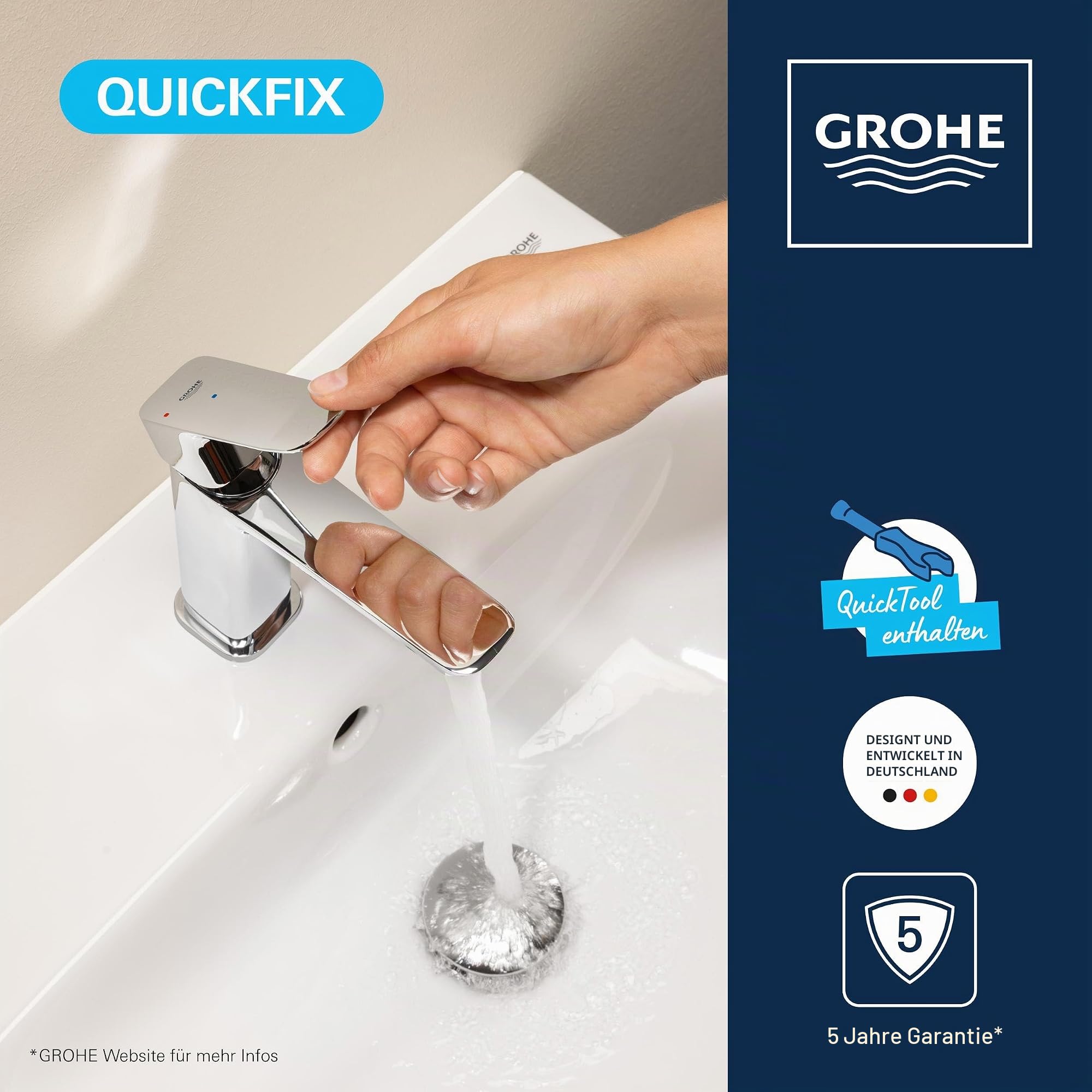 GROHE Dice, energiesparende Waschtischarmatur, Kaltwasser in Mittelstellung (Wasserhahn für das Bad, 17cm hoch, mit Push-Open Ablauf, inkl. 3in1 Werkzeug, einfache Installation), chrom, 1018360000