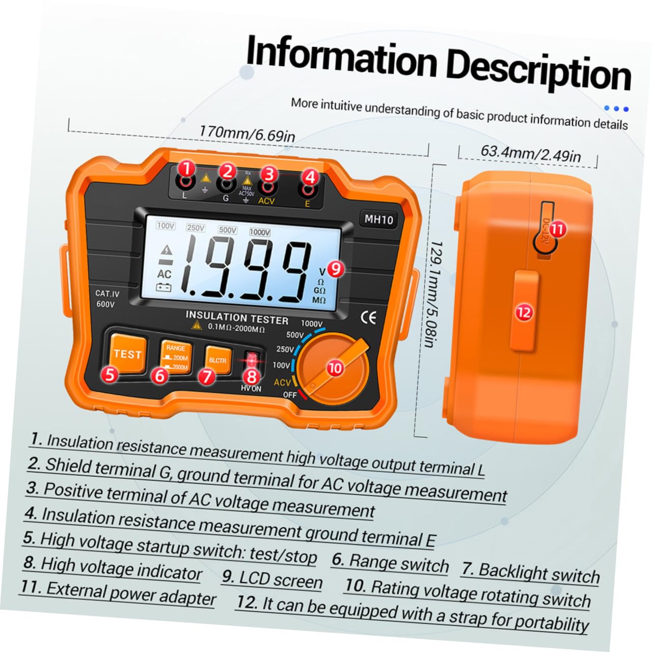 ABOOFAN Medidor Digital de Resistencia de Aislamiento Megóhmetro Pantalla Lcd, Comprobador Eléctrico Portátil Naranja, para Mantenimiento y Prueba de Equipos Industriales