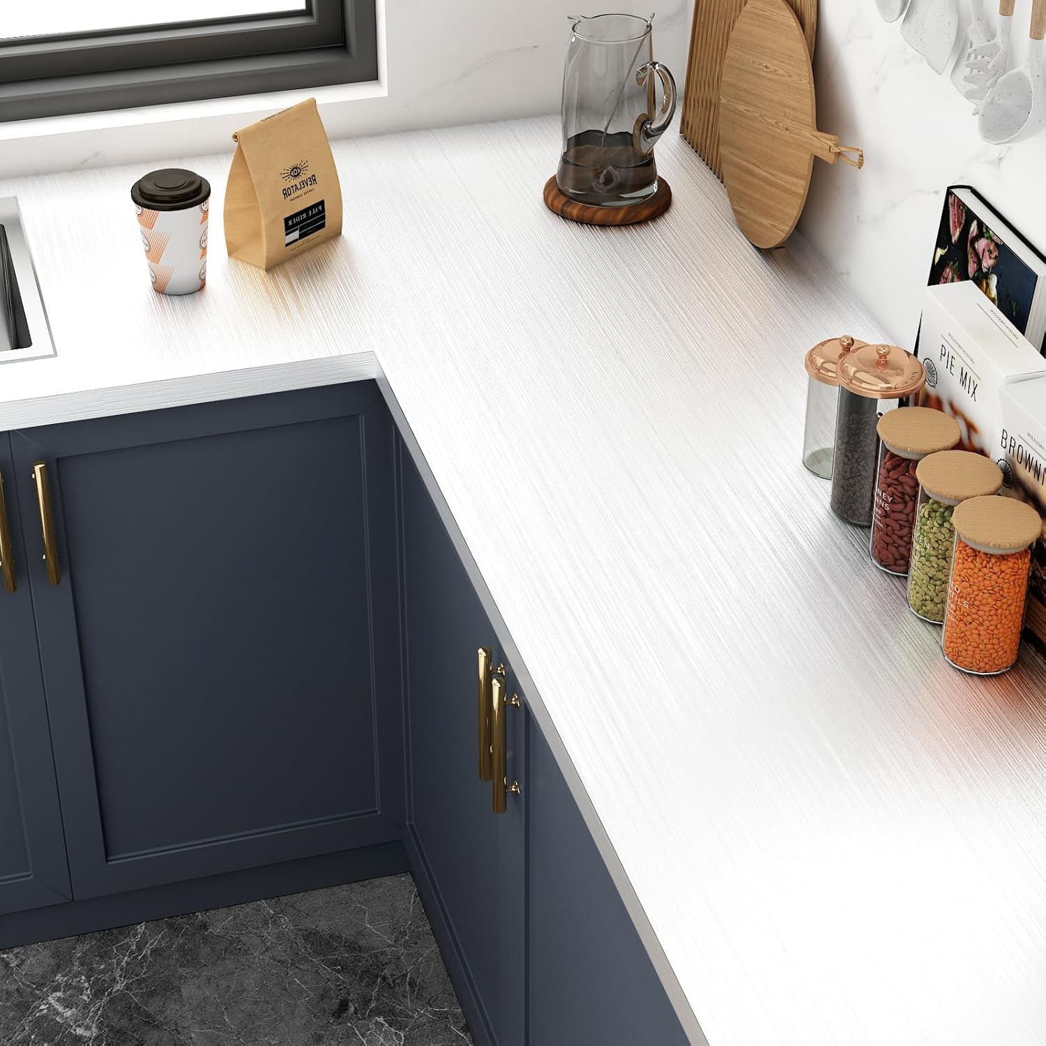 FunStick 40CM×6M Peel and Stick Wallpaper for Furniture Fridge Brushed White Stick on Wallpaper for Bedroom Bathroom Kitchen Walls Waterproof Metallic Effect White Vinyl Wrap for Kitchen Worktop Table - Image 4