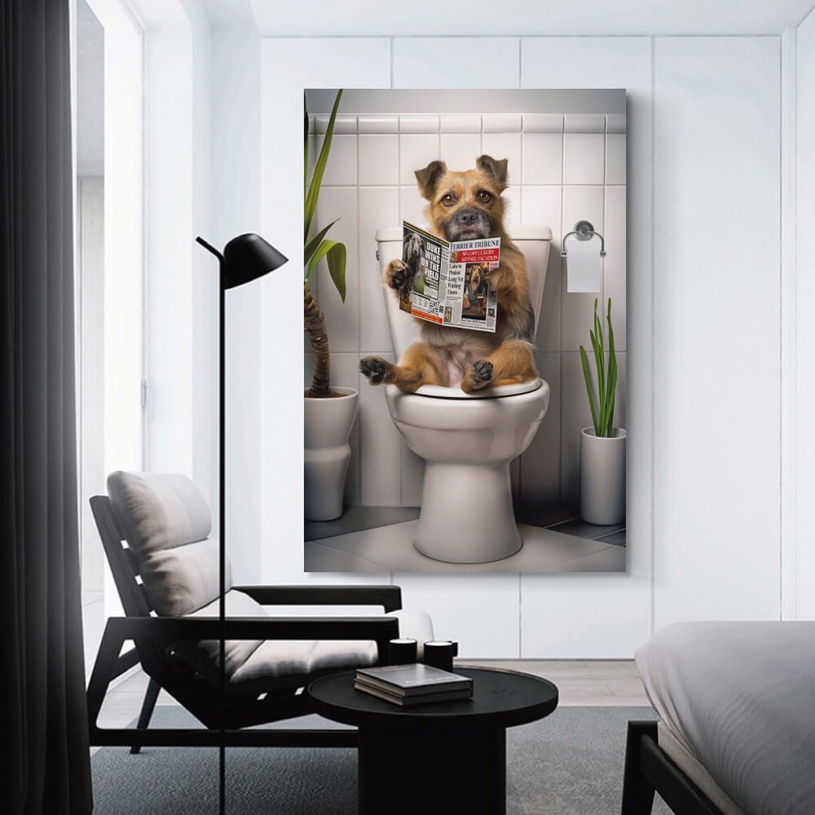 Junmoney Border Terrier on Toilet Canvas Wall Decor, 08x12inch(20x30cm), for Wall Displays, Bedrooms Or Room Updates, Wall Decor Suited to Curated Displays