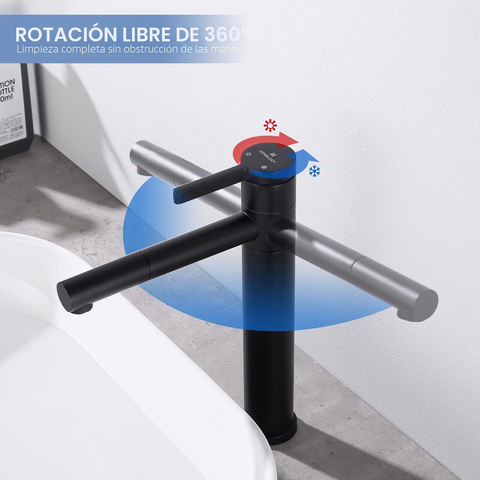 HOMELODY Grifo de baño negro alto con caño giratorio 360° y cuerpo – Grifo de acero inoxidable para baño con 215 mm de altura de caño – Fregadero monomando negro mate para lavabo superior