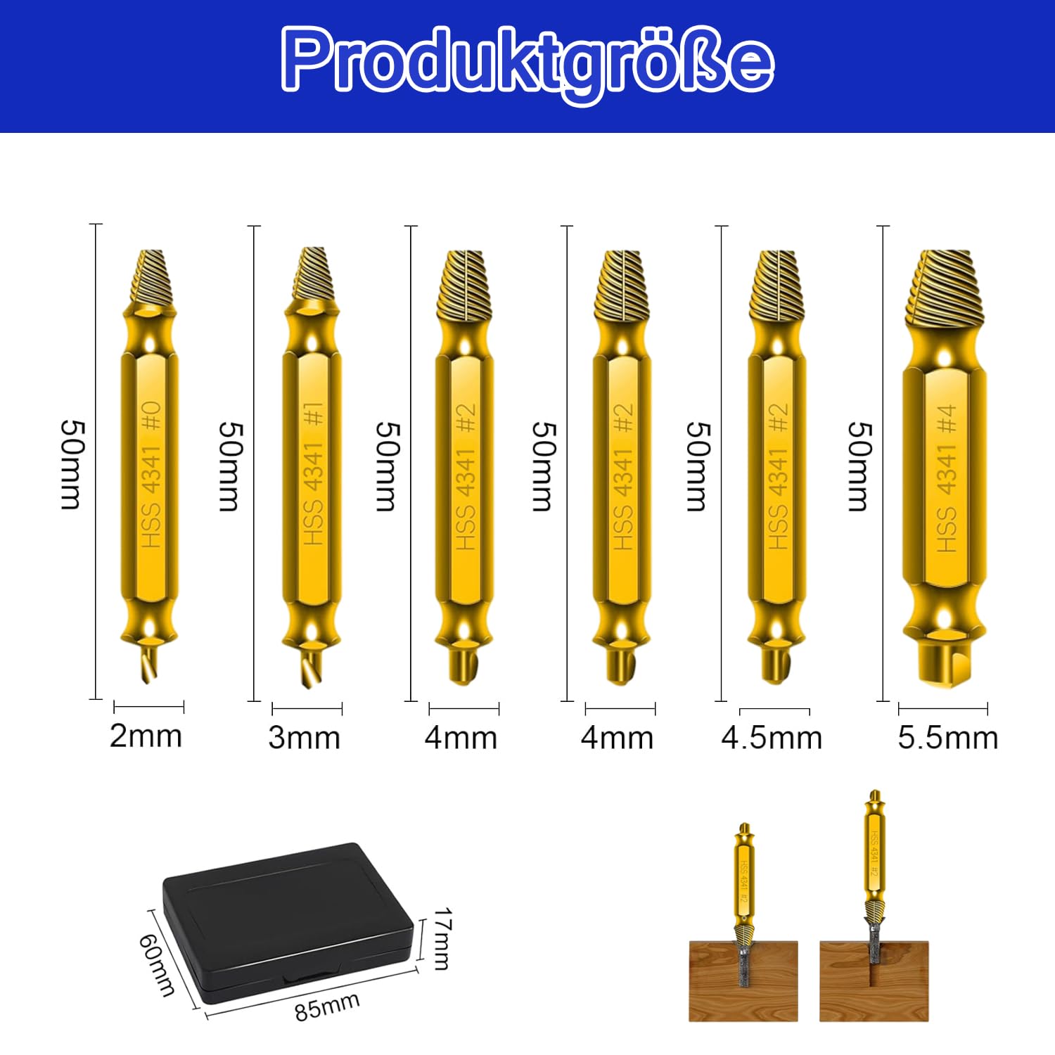 Schraubenausdreher Set 6 Stück, Hergestellt aus HSS 4341, Beschädigte Schraube Entferner Extraktor Set, Extraktor zum Entfernen fester & beschädigter Schrauben, Gold