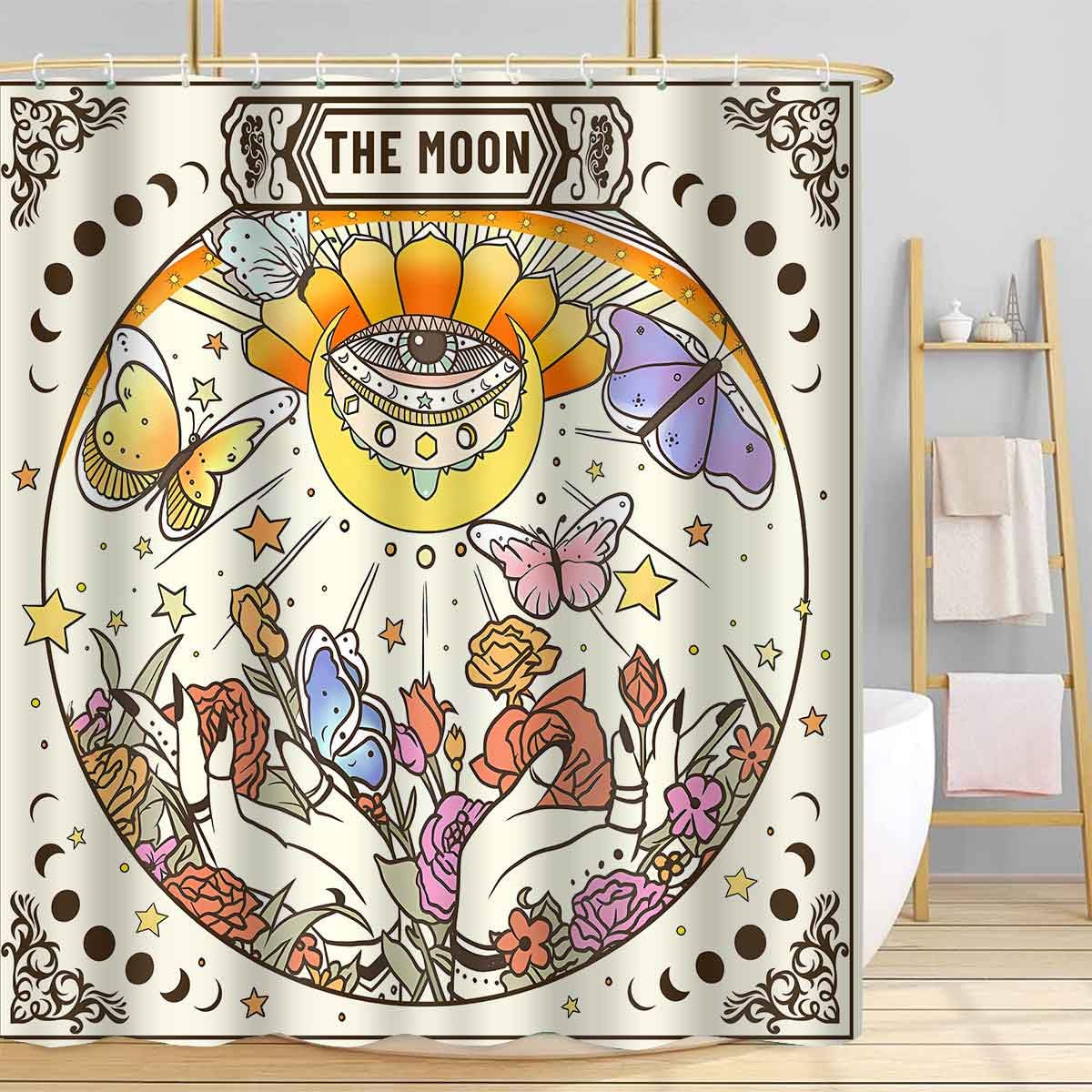 TPMDFC Tarot Shower Curtain, 60x72inch, Retro Floral Evil Eye Bathroom Curtains Sun Moon Star Ouija Hands Gothic Mystical Witchy Bathroom Bathtubs Decor Set with 10 Hooks YLOKTP0341