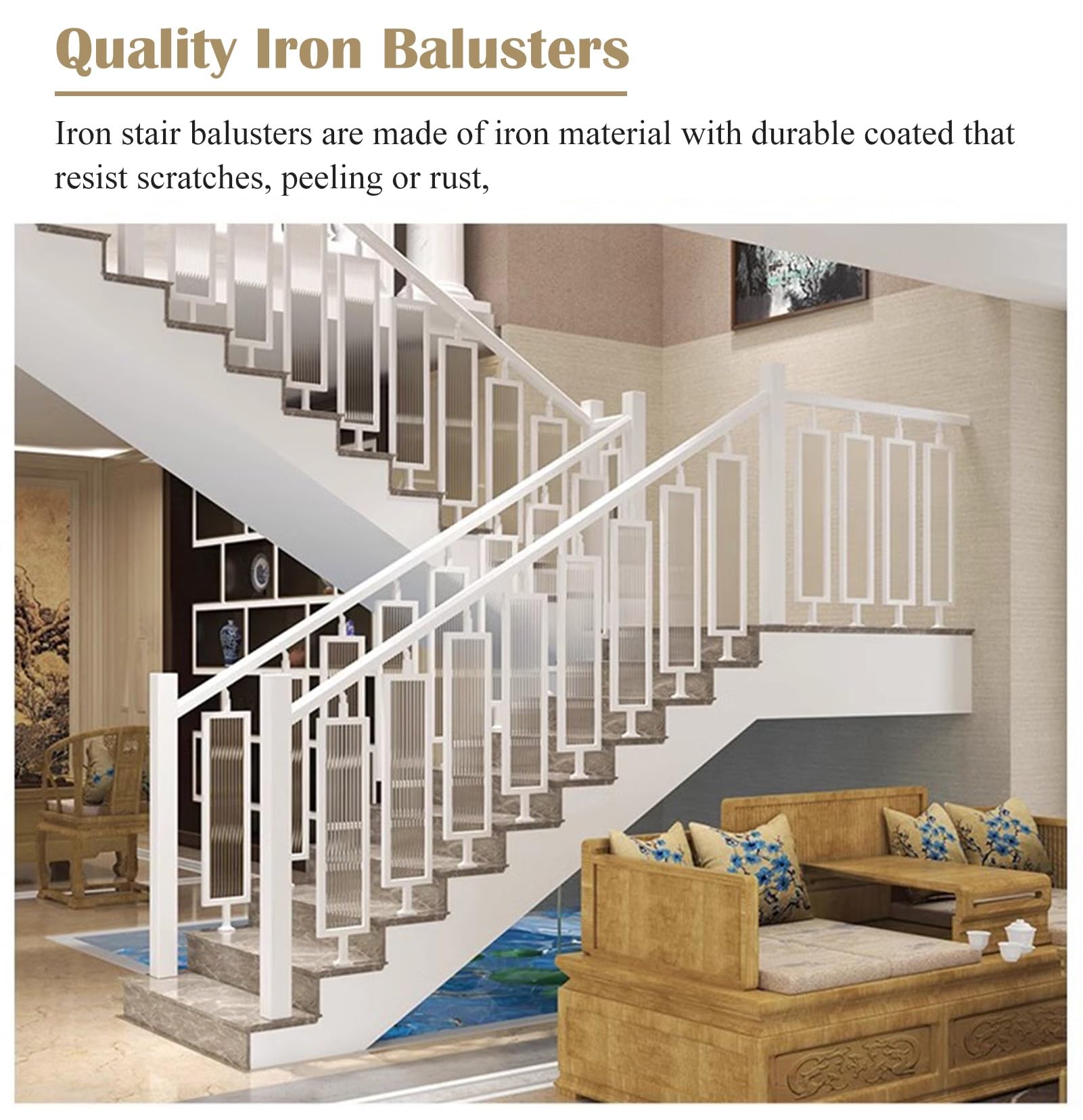 Konfigurowalne nowoczesne żelazne tralki i 75 cm białe hartowane wrzeciona do balustrady pokładowej Home Renovat Solut