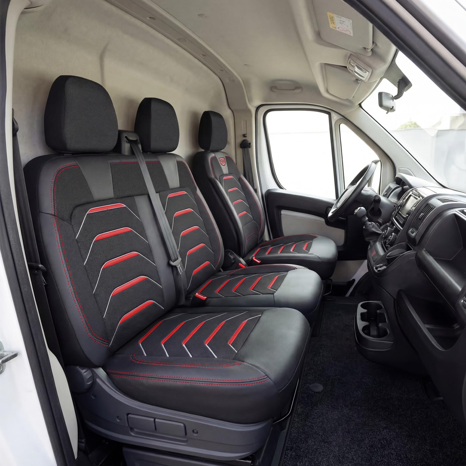 Autositzbezüge 2+1 für Ford Transit Custom 2015-2023 - Premium Vordersitze Auto Sitzbezug aus Leinen, Schwarz-Rot - Vordersitz-Set (rechter Beifahrersitz geteilt)