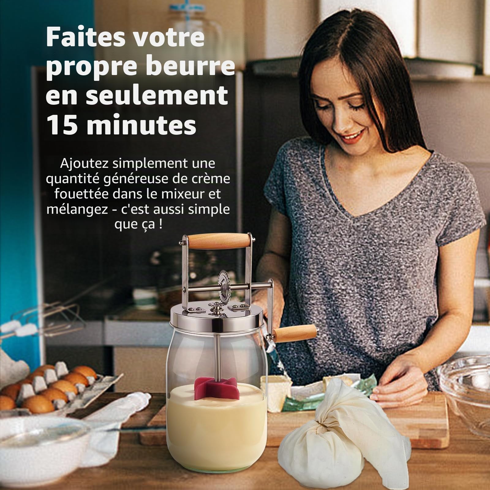 Tonneau à beurre en verre avec manivelle, 1,5 l, pour faire du beurre avec poignée en bois, engrenage en acier inoxydable, pour faire soi-même du beurre aux herbes, du beurre à l'ail (jeu de 1,5 l)