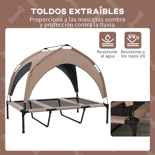 Foto 4 de 8 de PawHut Cama para Perros Elevada con Toldo 106x76x94 cm Café