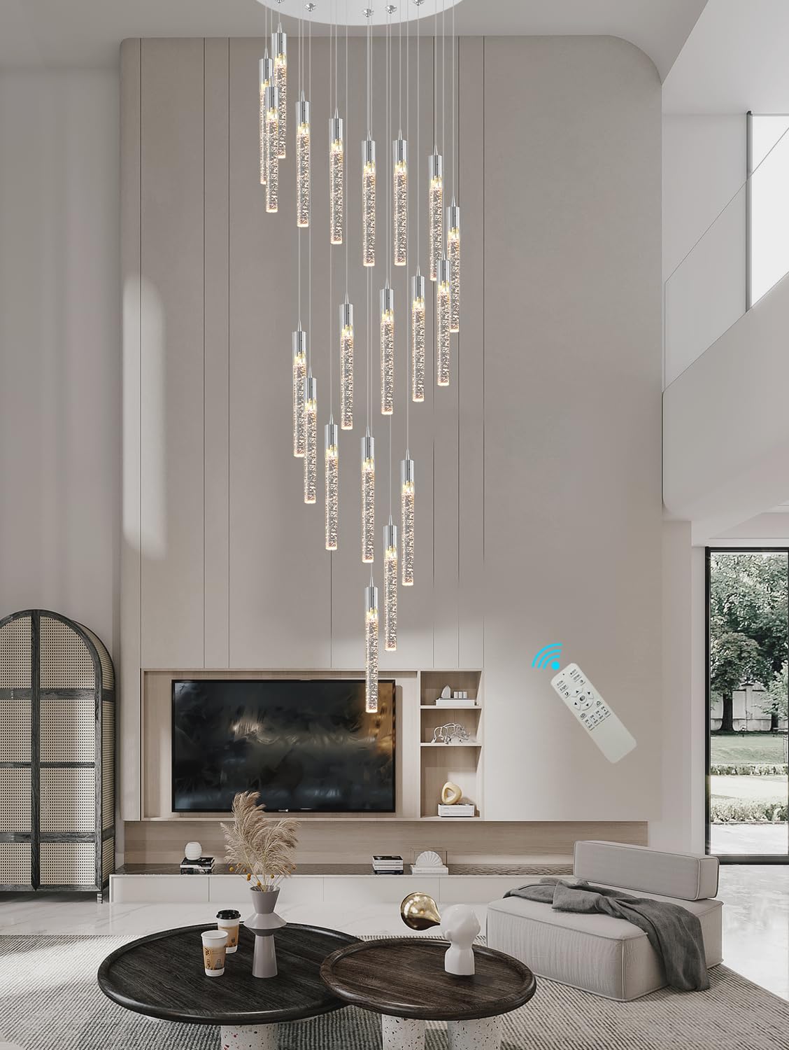 Lámpara de araña Moderna Plateada de 20 Luces Regulables - Elegante lámpara Colgante de Cristal para techos Altos, vestíbulo, Escalera, Pasillo, Villa. Longitud: 3,5 Metros (11,5 p