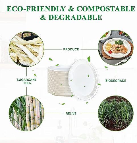 Miniatura 3 de Vplus Platos de papel ovalados 100% compostables de 12 pulgadas, paquete de 125 platos de papel desechables súper fuertes, bagazo, natural,