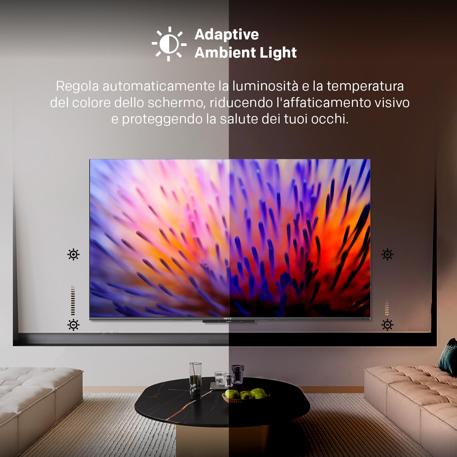 Metz Smart TV, MQE7600Z, 43", QLED, 4K, UHD, HDR 10+, Google TV, Matte Screen, Eye Care, Flicker-Free, Auto Ambient Light Sensor, HDMI, USB, Grigio