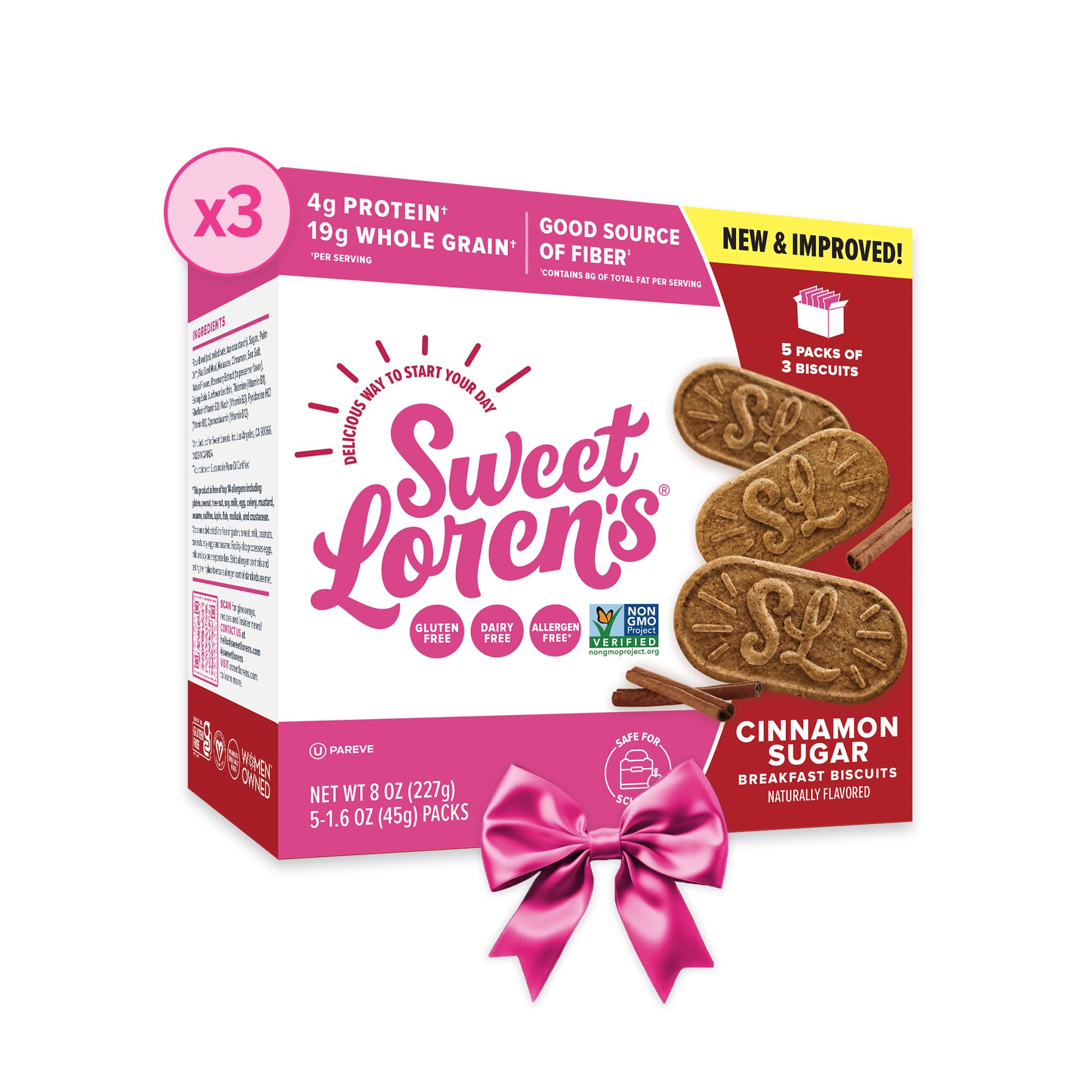 Sweet Loren's Vegan Breakfast Biscuits | Cinnamon Sugar | 4g Protein, 19g Whole Grains | Plant Based, Gluten Free, Dairy Free, Nut Free Snacks | 3 Pack (15 Total Biscuits, 1.6 ounce each)