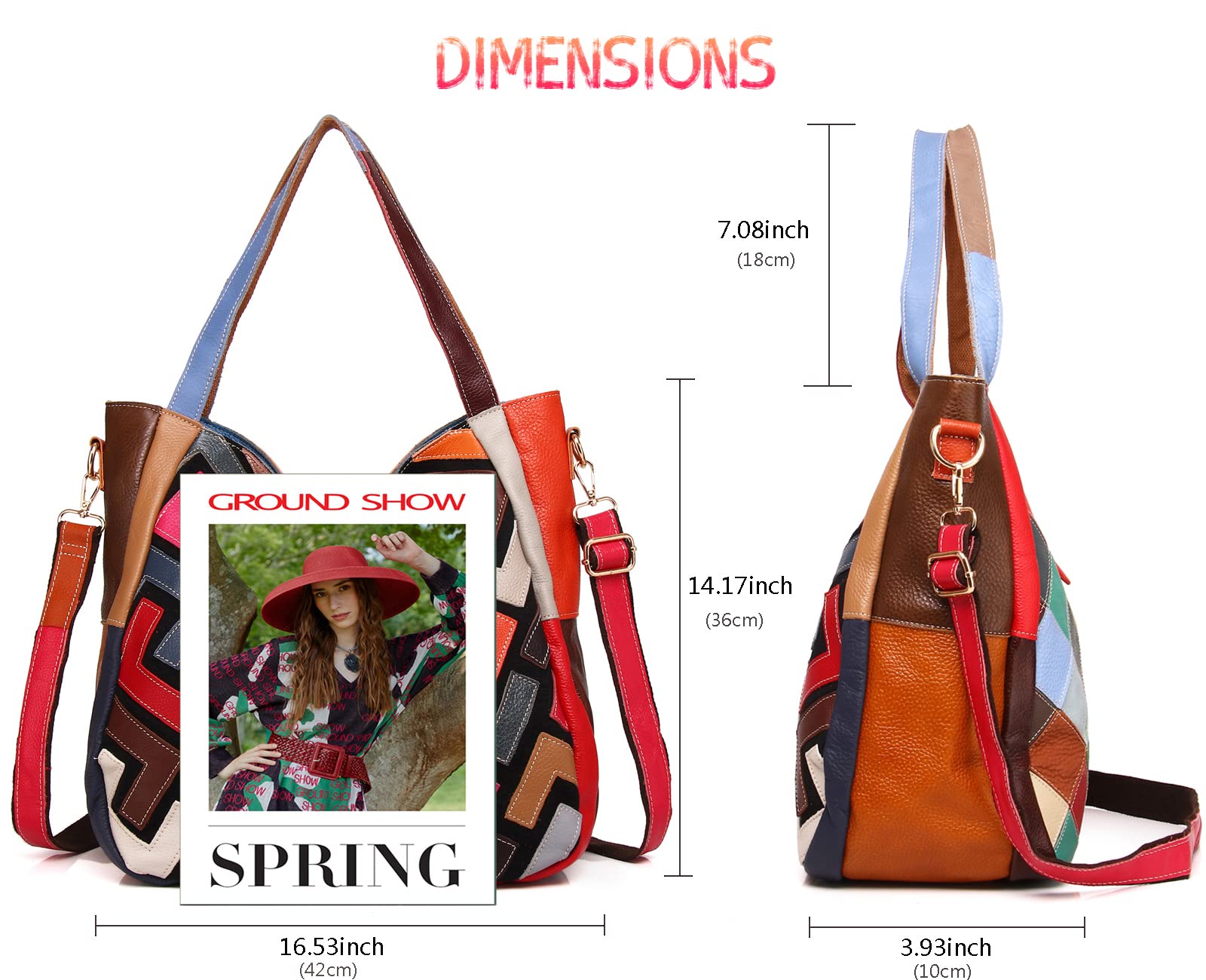 Bolso de mano multicolor para mujer, de cuero auténtico, con empalme de palabras, a la moda, colorido patchwork