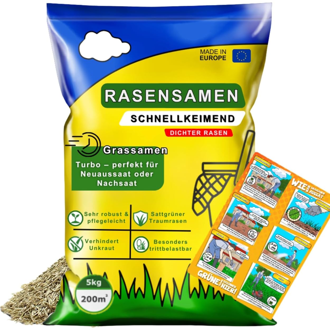 Rasensamen Schnellkeimend Sommer | 5kg Grassamen | Nachsaat & Neuansaat | Robust & pflegeleicht 5kg– Reicht für 200m²|Rasen samen Dichtes, sattgrünes Gras | Rasensaat ideal für jeden Rasen