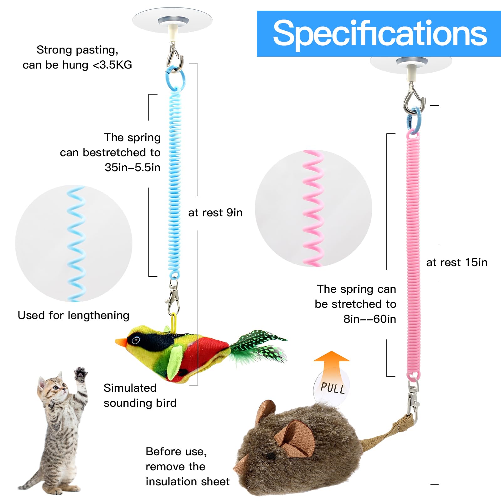 TUGFREE Juego de juguetes para gatos y pájaros chirriantes, juguete interactivo para gatos de interior, juguete de gatito activado por movimiento con sonido realista y pluma, diversión 2 en 1 para
