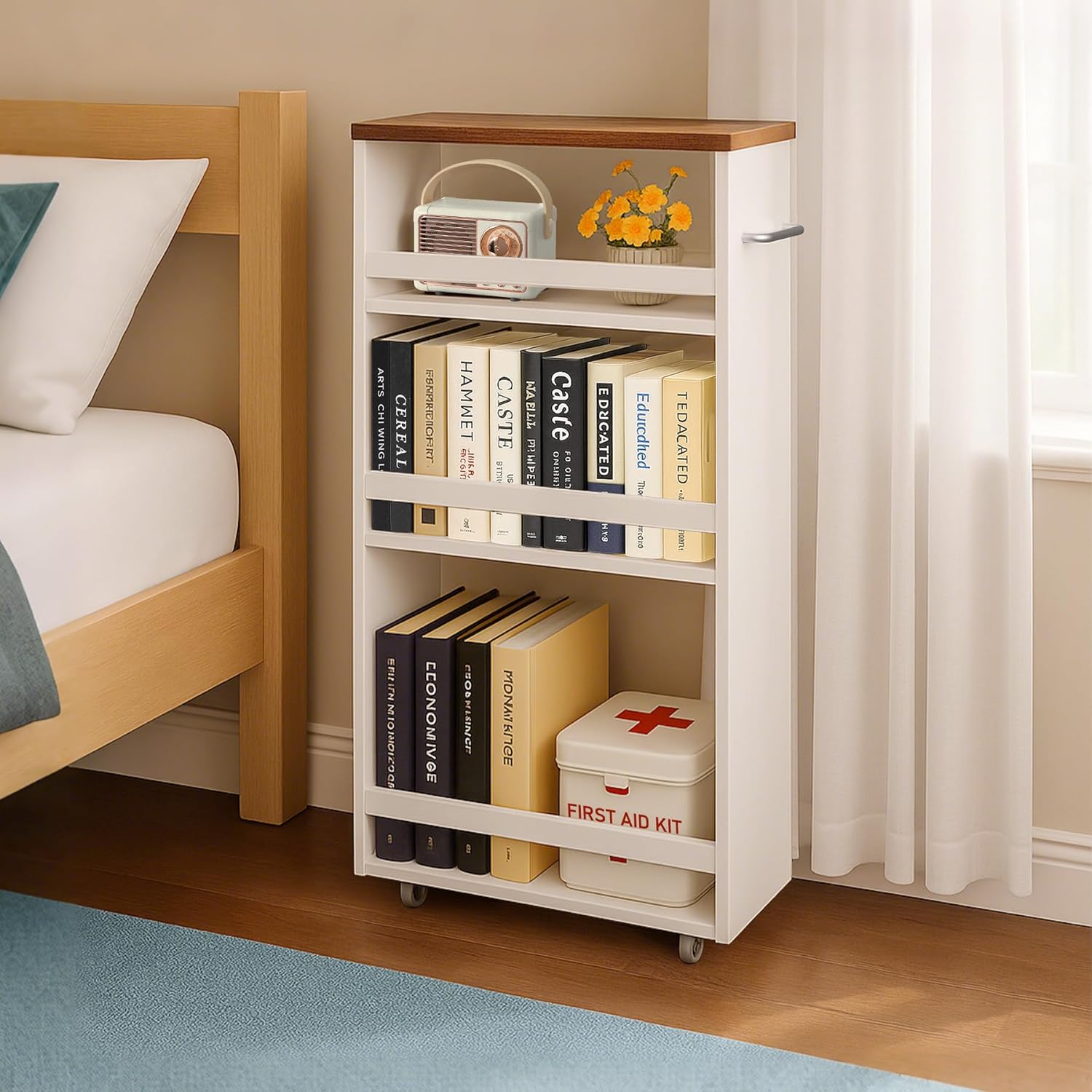 SUPER DEAL 4 Tier White Slim Storage Cart with Wheel & Handle, Slide Out Storage Rolling Utility Cart Mobile Shelving Unit Organizer Trolley for Kitchen Bathroom Laundry Narrow Places, White