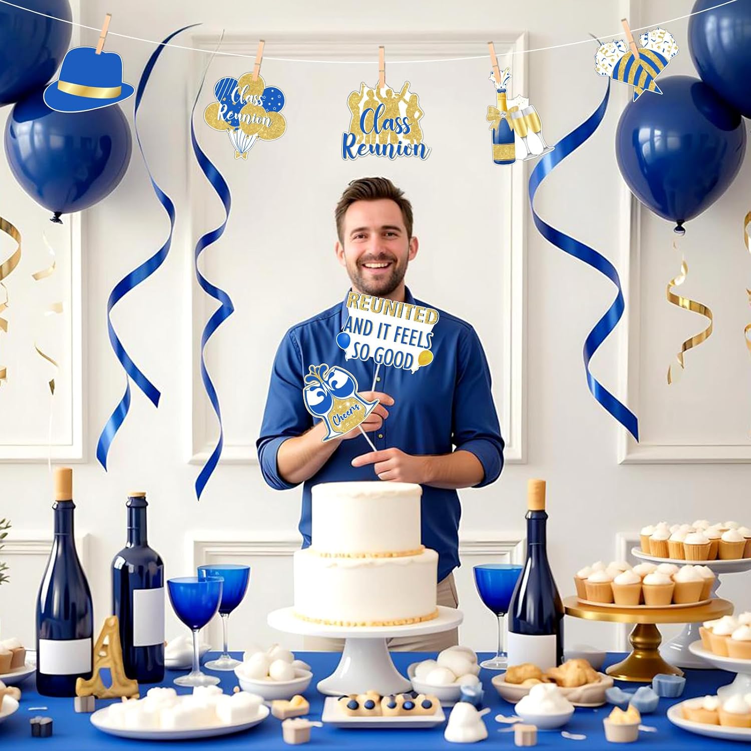 24Pcs Class Reunion Photo Booth Props, Blue Gold Best Class Ever Welcome Back Party Decorations, Reunion Party Photography Supplies for Primary High School University