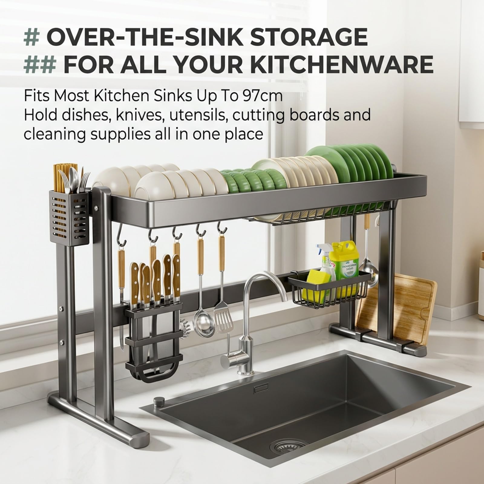 Escurridor de platos para fregadero, Organizador de cocina ajustable | Acero al carbono reforzado, Altura ajustable, Diseño antigoteo, Accesorios completos(95cm/37.4in)