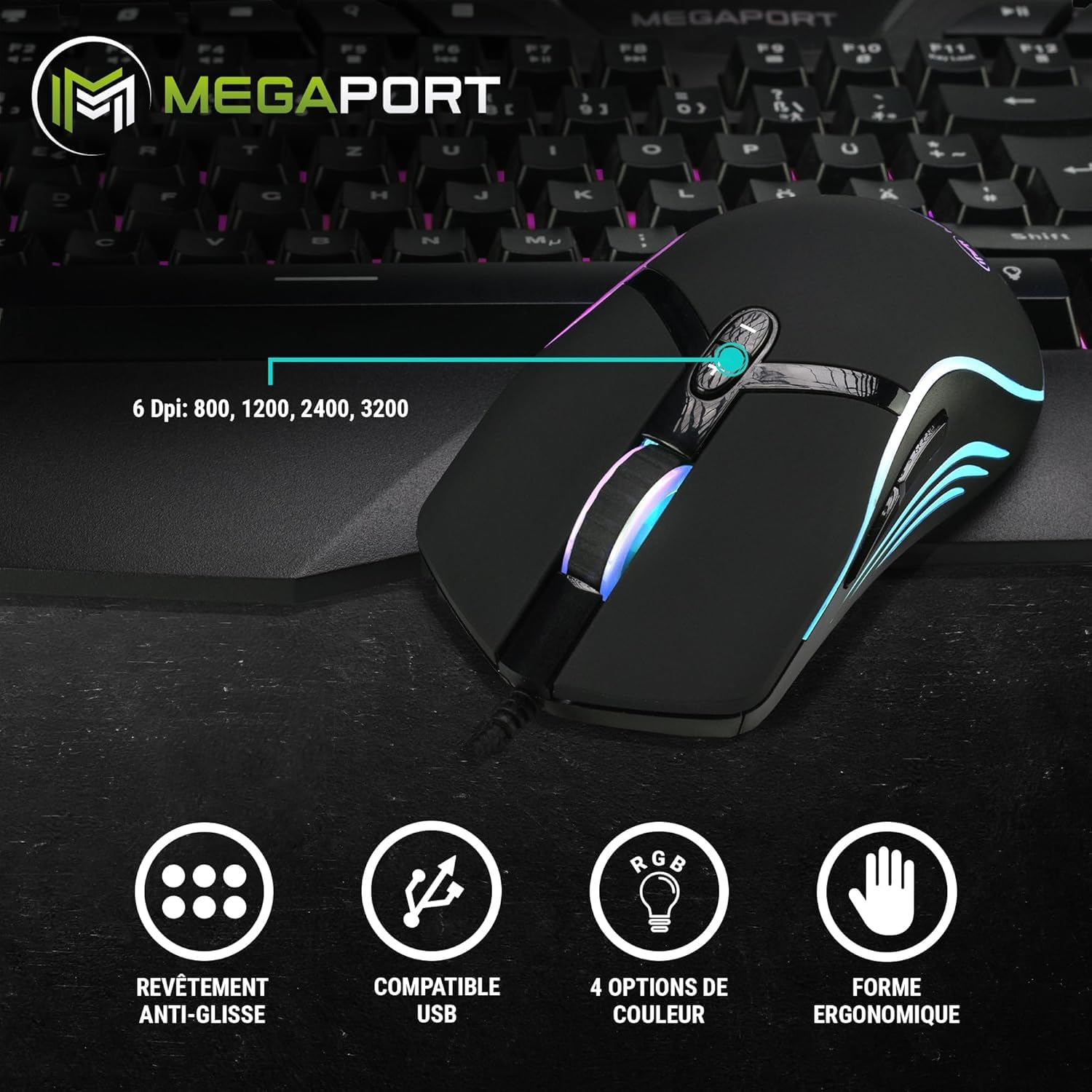 Ensemble Clavier et Souris de Jeu – Rétroéclairage LED RVB, Disposition QWERTY (FR), Souris de Jeu à 7 Boutons avec éclairage LED 4 Couleurs et DPI réglable (800/1200/1600/2400)