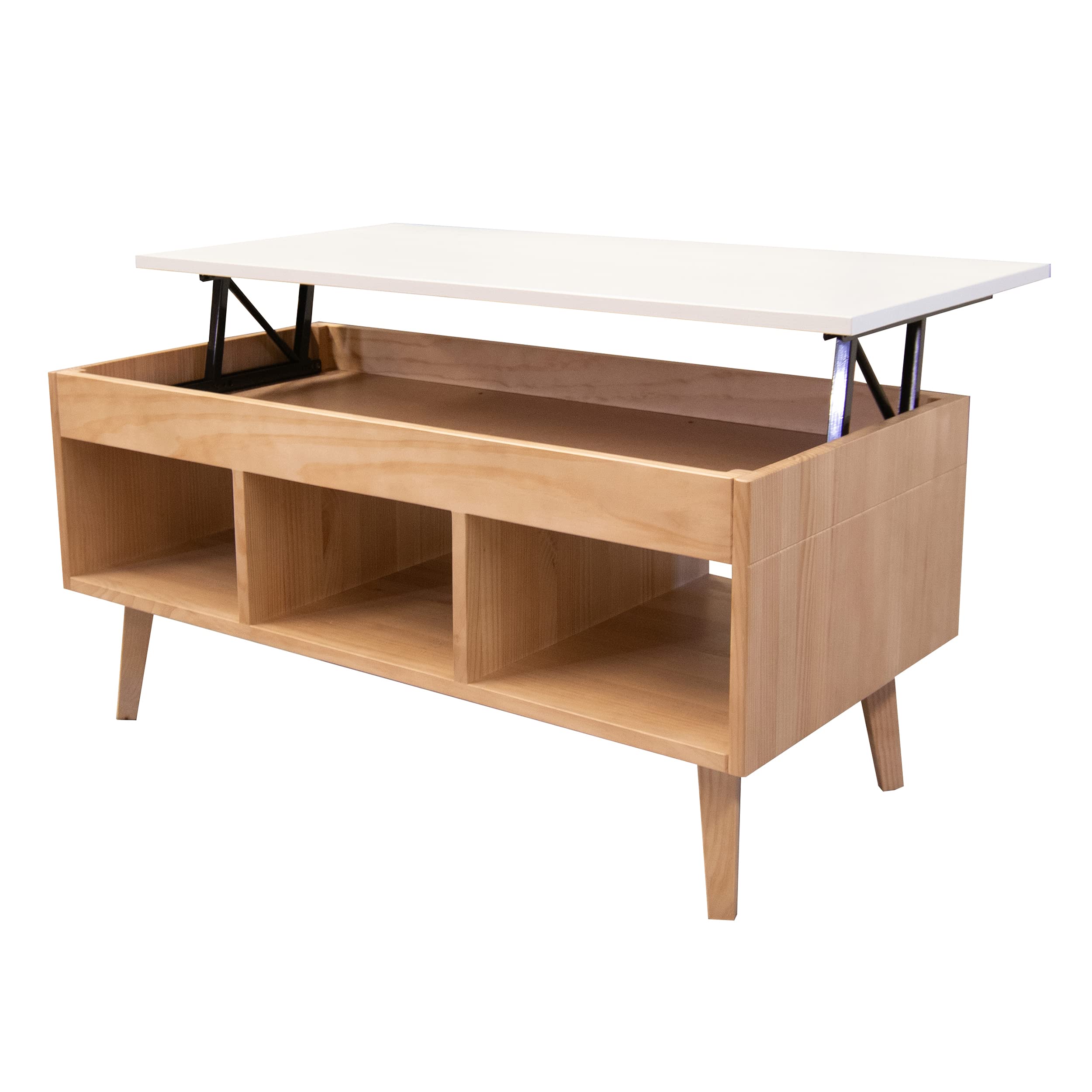 LoMasCasa - Mesa de Centro Salón Elevable Colección Karla 11 en Madera Maciza de Pino Natural Ecológica Estilo Nórdico en Color Madera y Blanca con Tres Huecos y Medidas 100x50x47 cm
