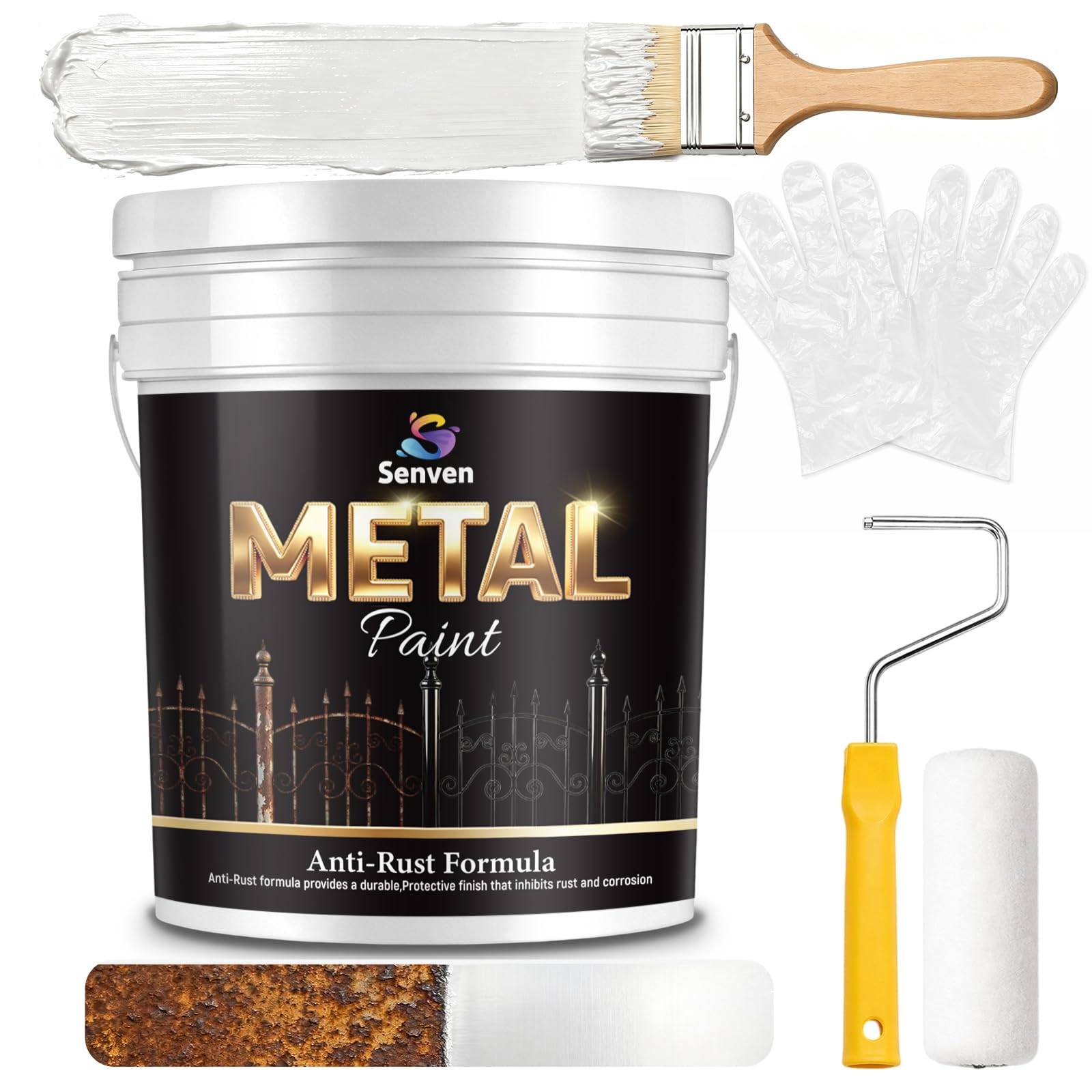 2 in 1 Rust Inhibitor Metal Primer Paint – 640OZ Gloss White Paint for Metal, Waterproof, Water-Based&amp;Non-Toxic, Indoor/Outdoor for Door, Furniture, Railing, Fence, Gate, Trailer, Car, 820-970sq.ft