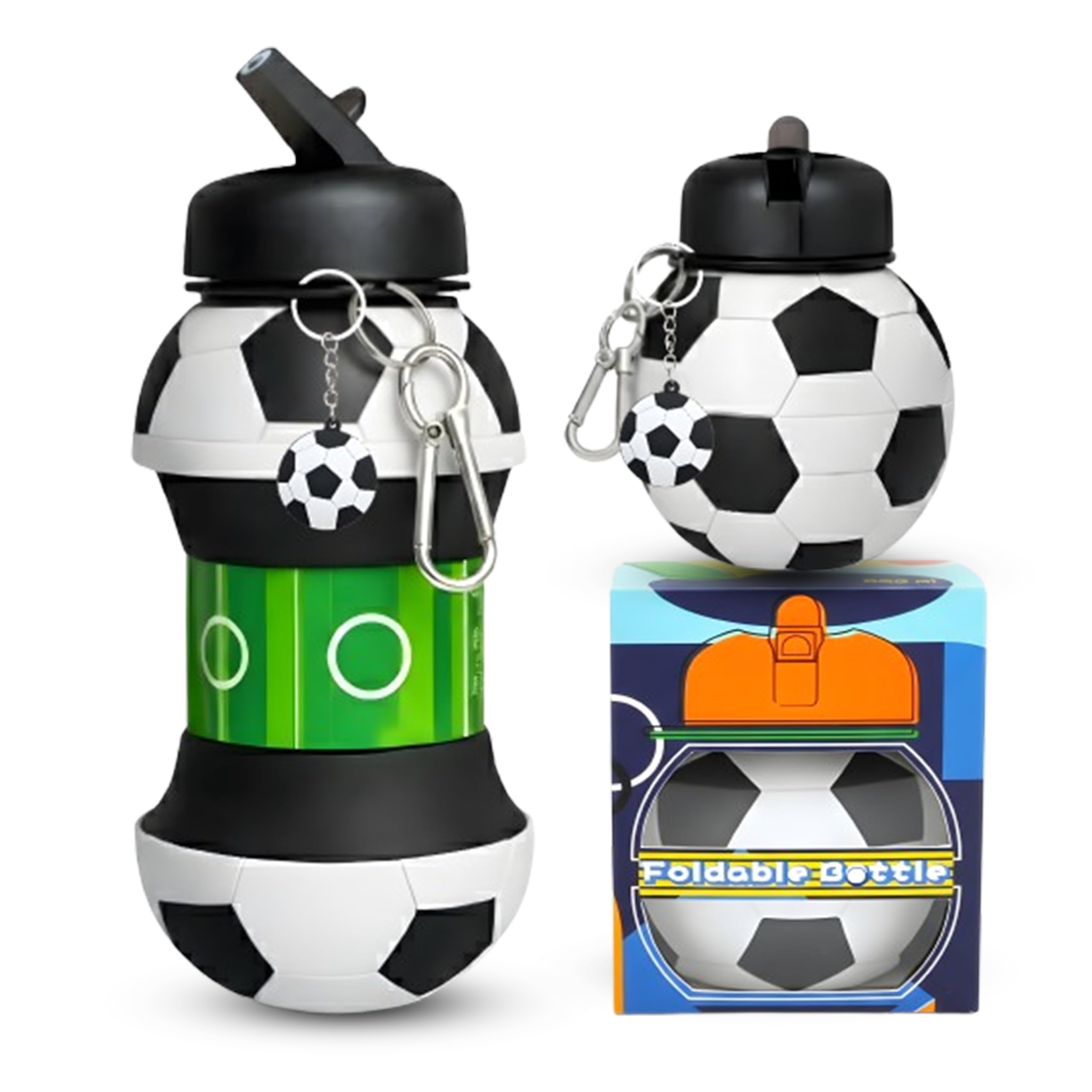 Mastery Football Collapsible Water Bottle - Football Gifts for Boys and Girls - Collapsible Water Bottle with Keychain Birthday Gift - Silicone Expandable Sports Water Bottle 550ml