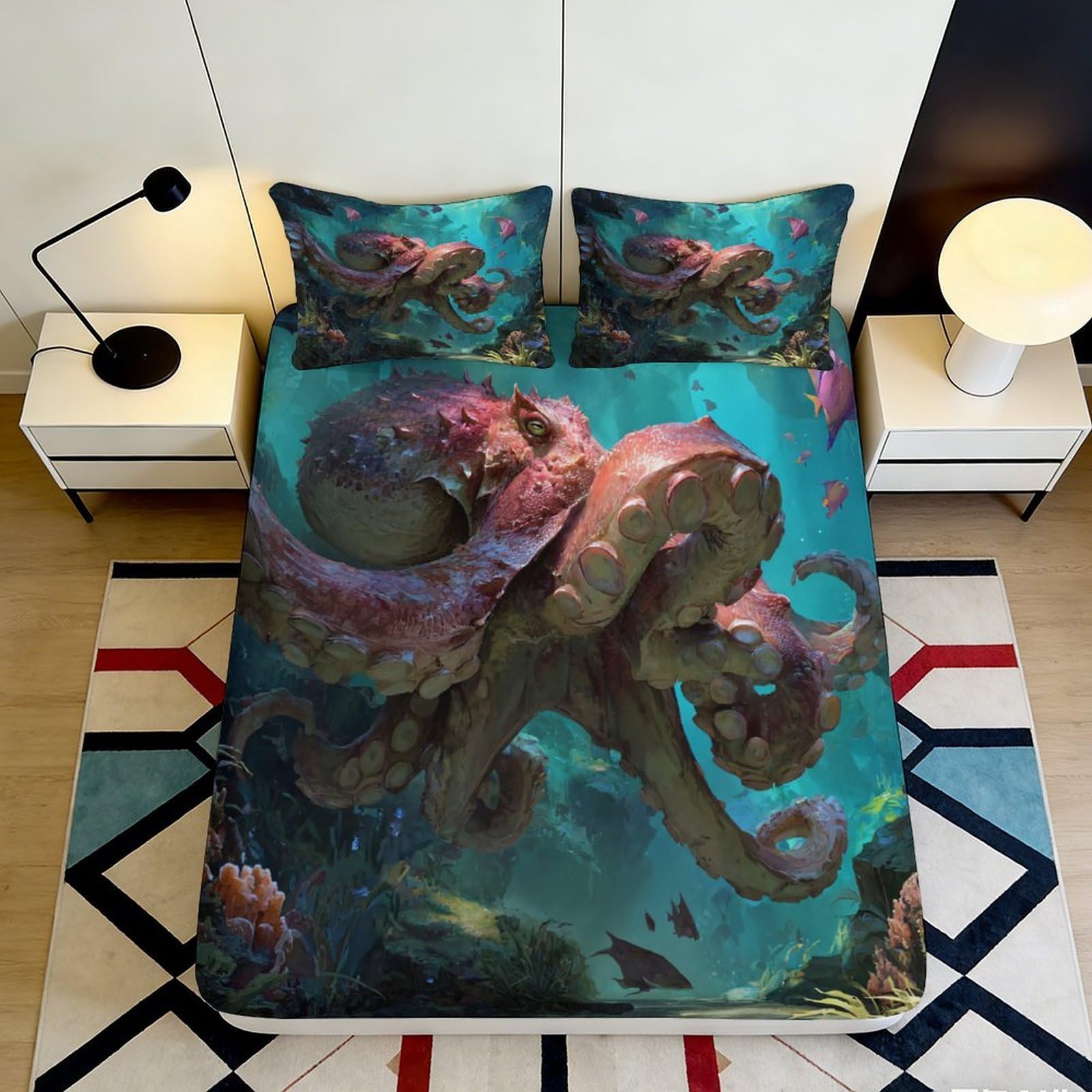 3D Printed Octopus Ocean Fitted Sheet Microfiber Soft Breathable Underwater Sea Mattress Cover for Bedroom Decor 90x200x25cm