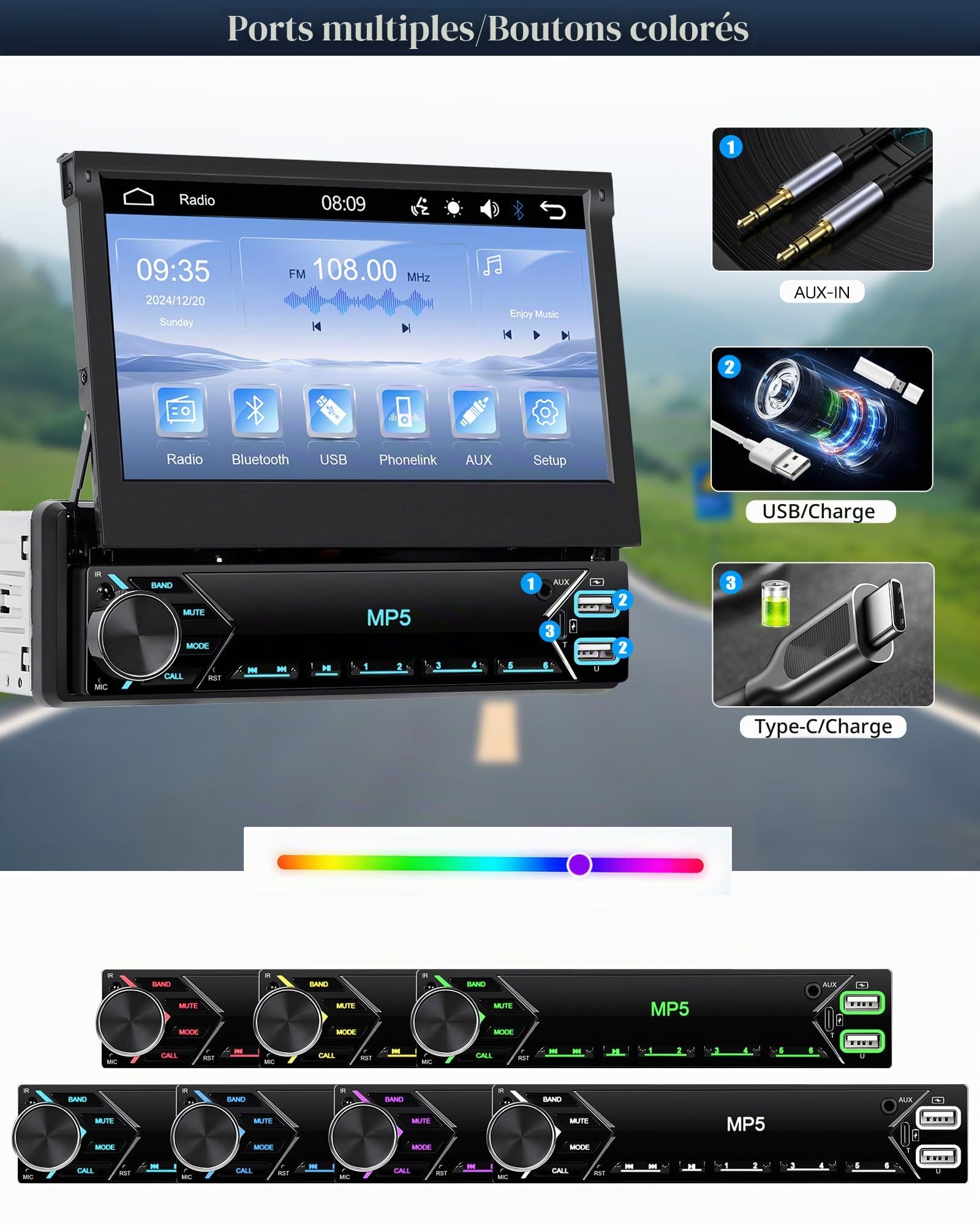 CAMECHO [Wireless] 1 DIN 7 Pouce Autoradio avec Carplay Android Auto Ecran Tactile Rotatif Radio Voiture, Bluetooth Lien Miroir AM/FM/RDS MP5 USB/Carte TF Port SWC+Mic