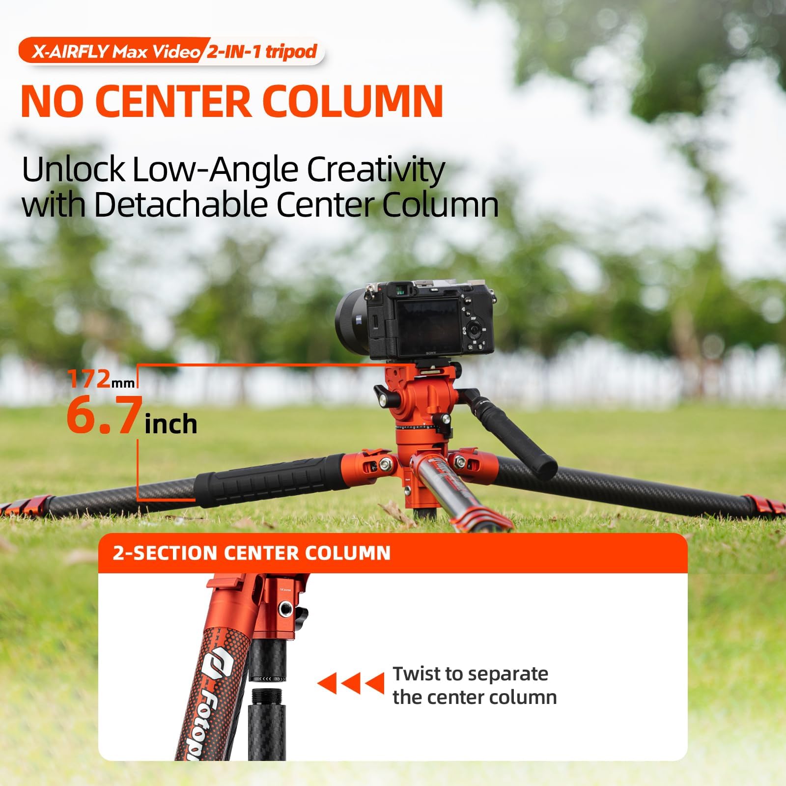 Fotopro X-AIRFLY Max Video 171cm Statyw z Włókna Węglowego – 28mm Rura, 36mm Głowica Kulista + Głowica Filmowa, 6kg, Metalowe Zaciski