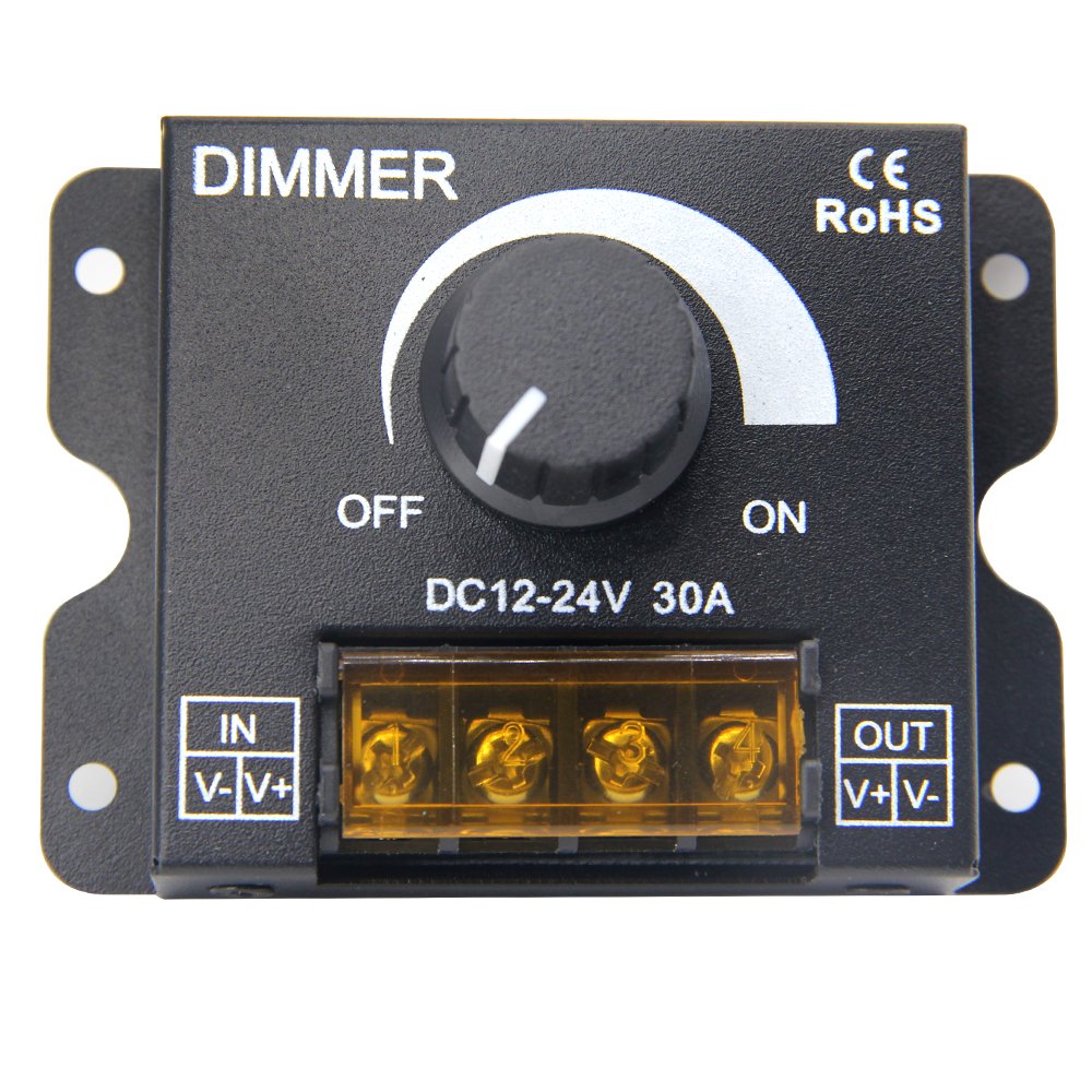 ZOOKOTO 12V/24V DC 30A LED PWM Dimmer Controller, Single Channel, 5050/3528/5630 Single Color LED Strip Lights, Black, Rotary Switch, Manual Operation