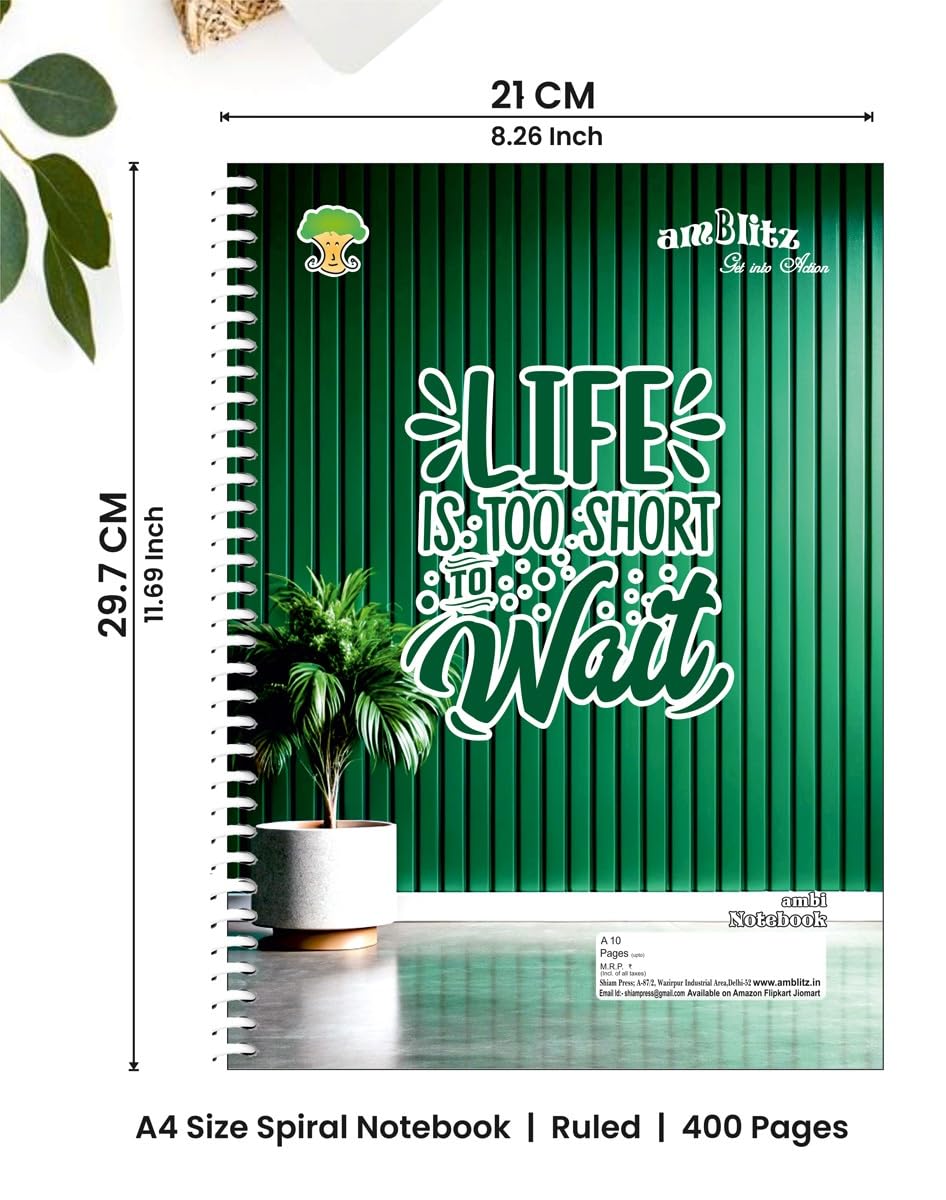 amblitz Quaderno a spirale, 400 pagine, formato A4, rigato singolo, belle copertine con citazioni motivazionali, confezione da 1, quaderno per appunti per studenti universitari, carta spessa 70 g/m²