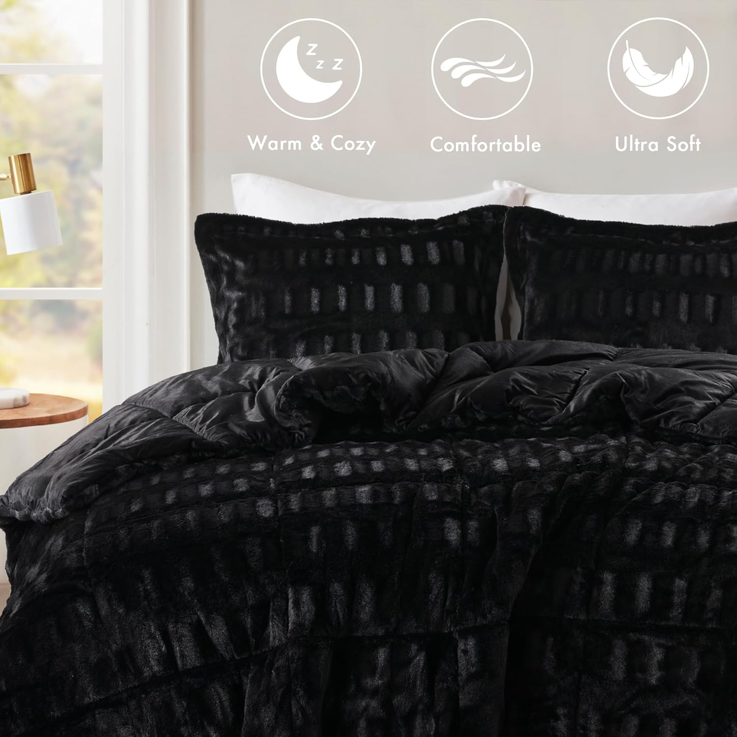 Madison Park Queen Comforter Set Reversible Faux Fur Elegance with Soft & Plush Mink-Like Reverse, Heavyweight 6D Overfilled Warm & Fluffy Comforter for Queen Size Bed, Gia, Full/Queen Black 3 Piece