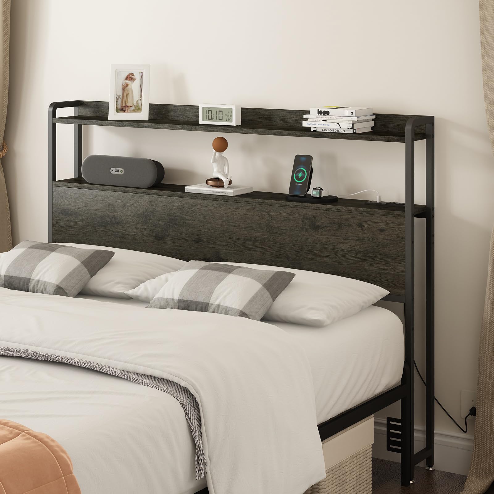 METYERRY Adjustable Full Size Headboard with Outlets, USB Ports,Type-C,LED Lights, and Storage, Rustic Brown, Sturdy Headboard for Enhanced Comfort