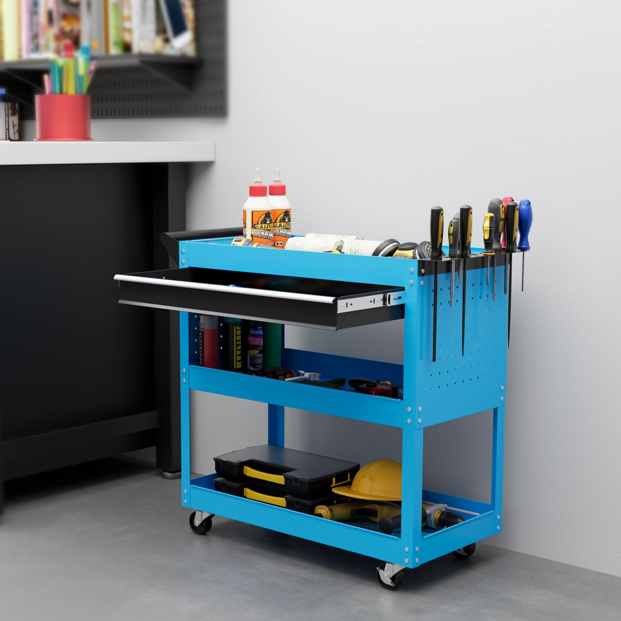 DURHAND Carro de Taller, Carro de Herramientas con 3 Bandejas, Cajón, Panel Lateral Perforado, Asa Lateral, Ruedas con Frenos, para Garaje Mecánico, Hogar, Azul