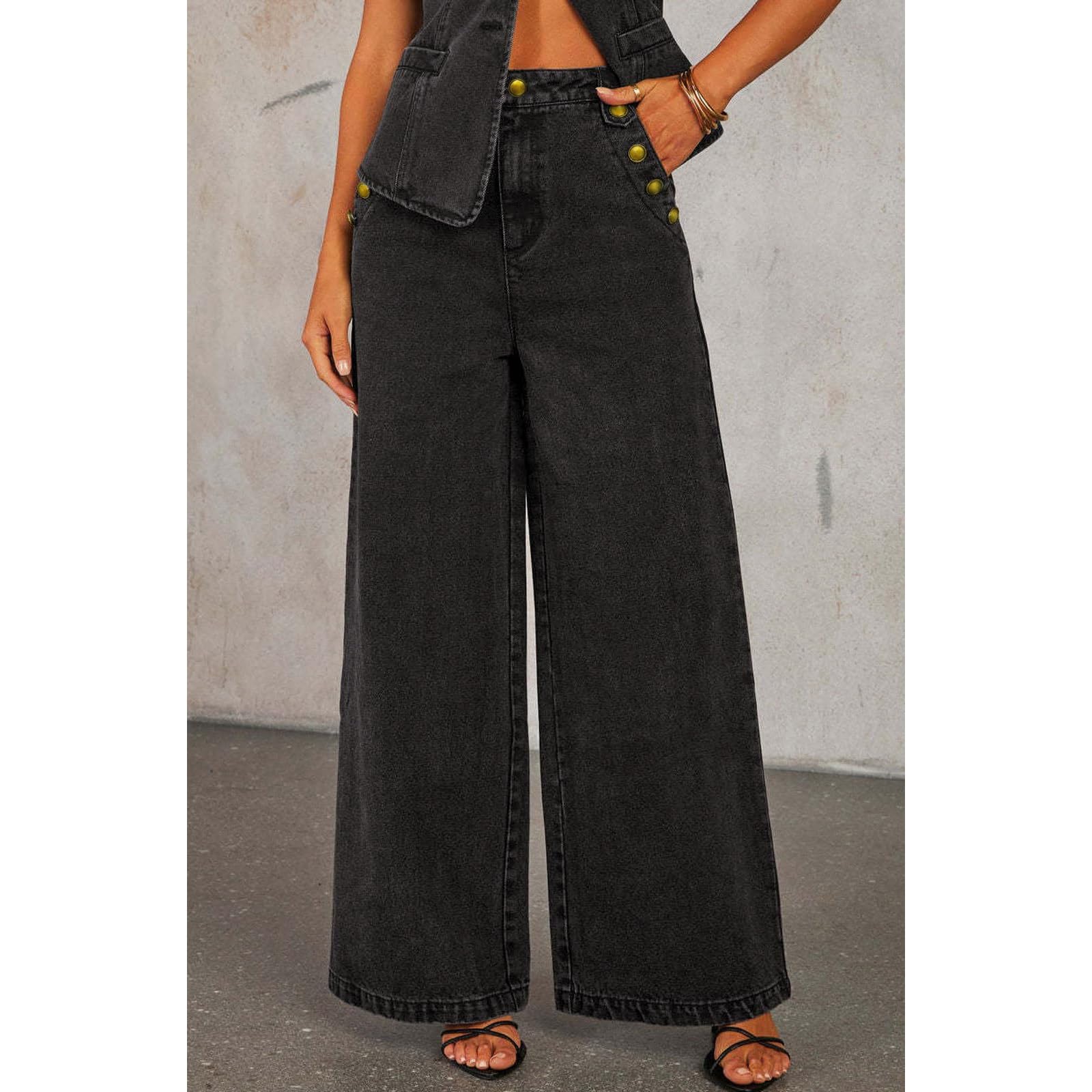 Completo in denim da donna, elegante, due pezzi, senza maniche, gilet e jeans con gamba larga, due pezzi, tinta unita, pantaloni larghi, pantaloni lunghi da festa, completo streetwear