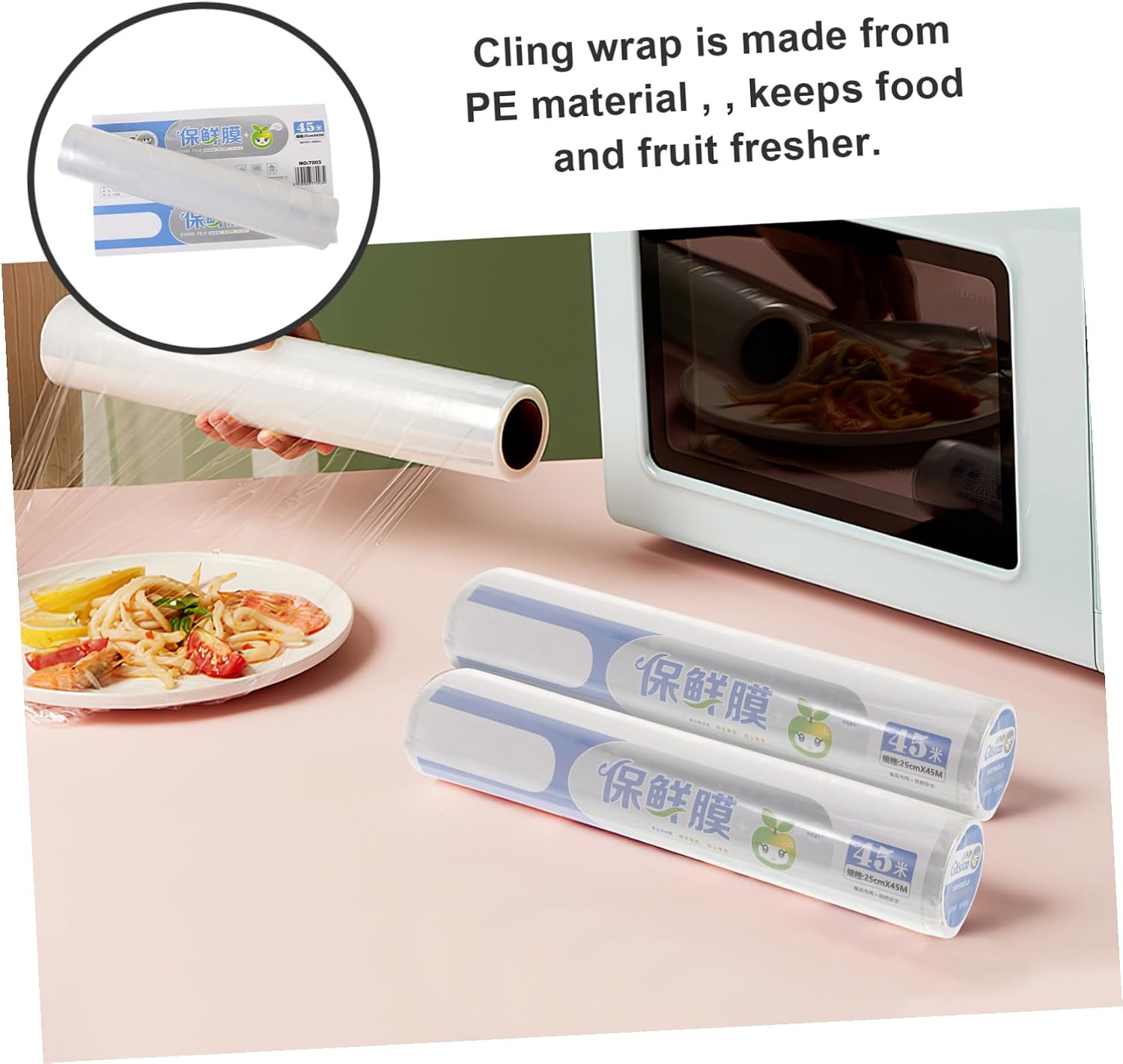 Disposable Food Cling Wrap 2 Rolls 25cm X 45m Pe Foodservice Film with Slide Cutter, Fresh-keeping Plastic Wrap for Kitchen and Food Storage