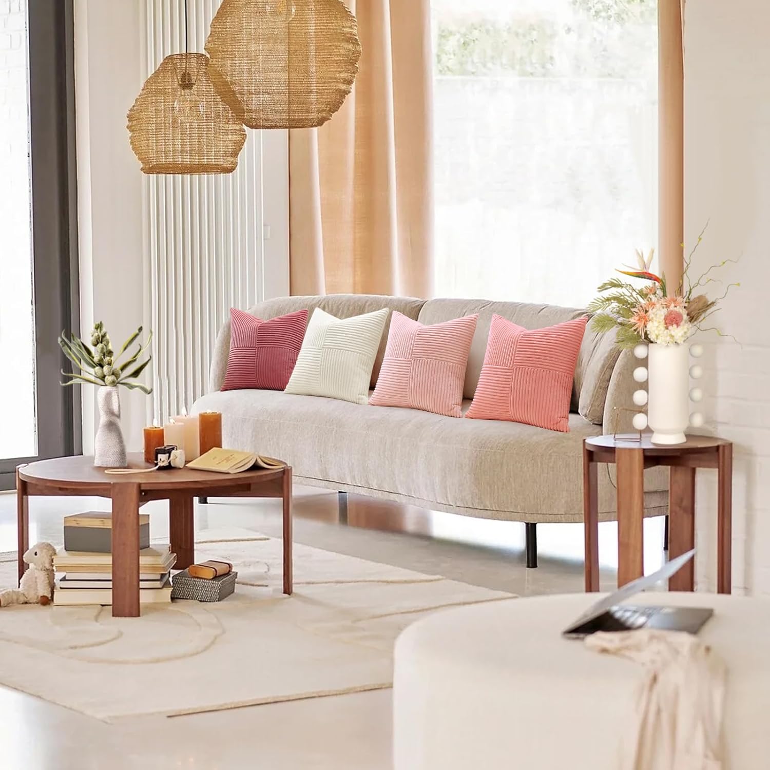 OTOSTAR Set of 4 Decorative Throw Pillow Covers Soft Striped Corduroy Boho Square Pillow Cases Mix and Match Home Decor for Sofa Couch Living Room Bedroom Farmhouse 22x22 Inch, Cream White Pink