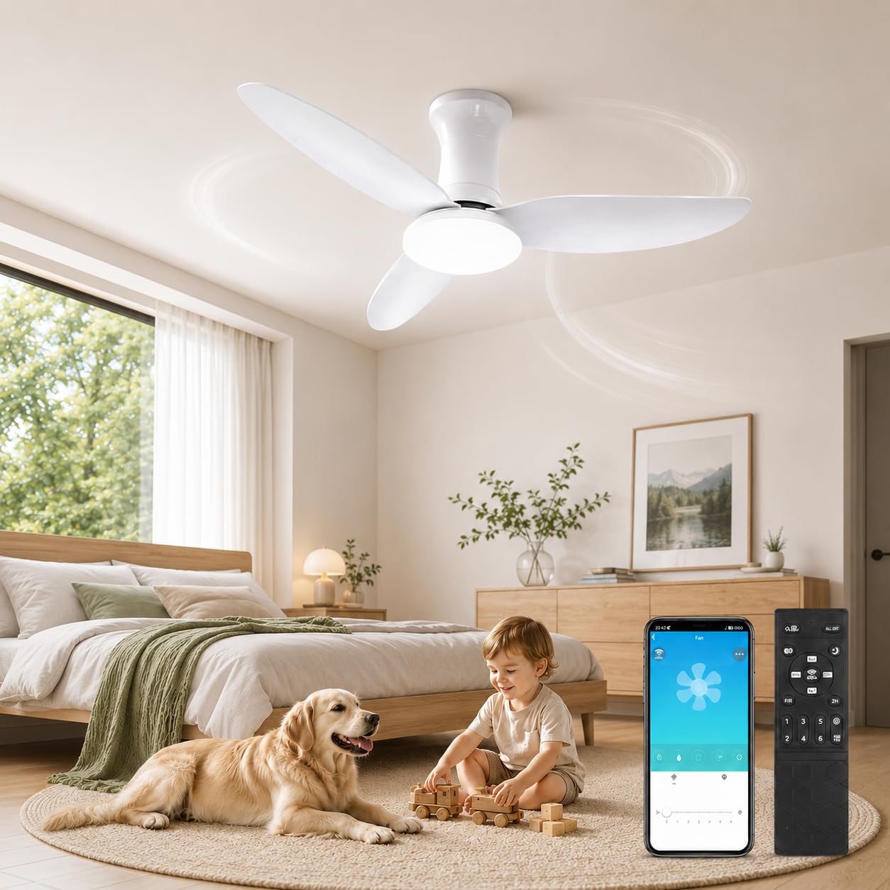 Viugreum 100cm Ventilador de Techo Blanco con Luz y Mando a Distancia, Control APP y Temporizador, Regulable sin Escalonamientos, 6 Velocidades, Luz Ventiladores Techo para Dormitorio Salon