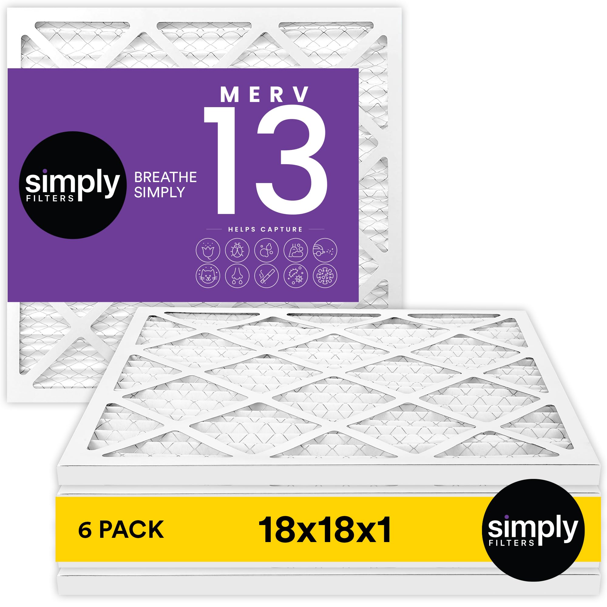 Simply 18x18x1 Air Filter, MERV 13, 6 Pack, For Home AC Furnace & HVAC (Actual Size: 17.75"x17.75"x0.75") DUST, Pet, & Allergy Control