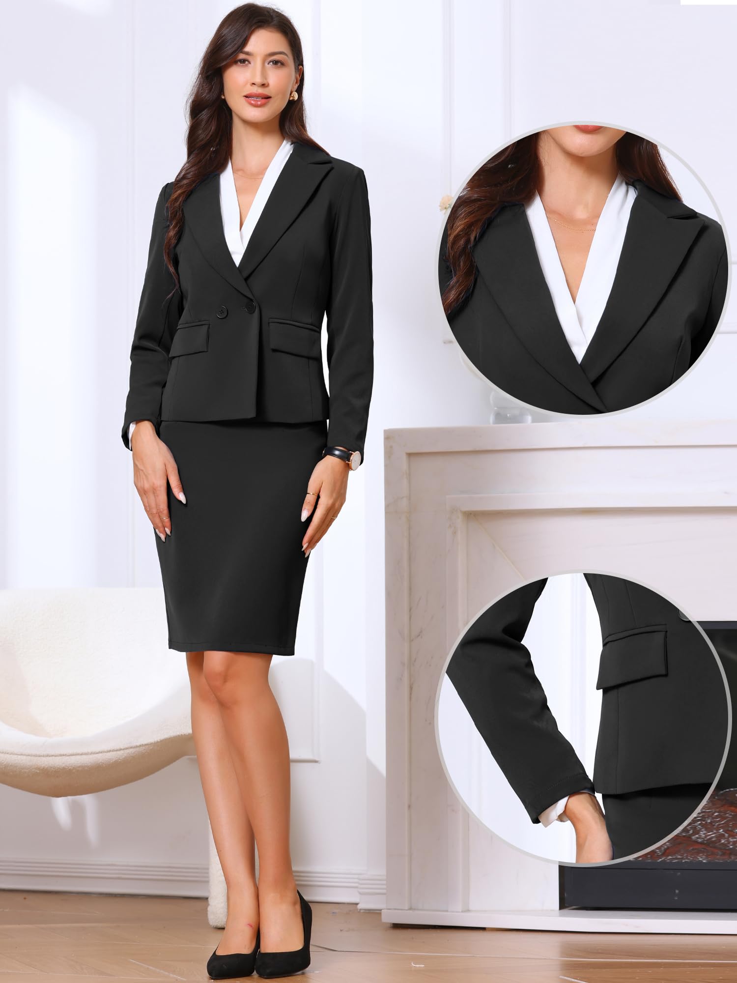 Allegra K Ensemble de Costume 2 Pièces Femme, Tailleurs de Travail, Jupe Formelle et Blazer à Manches Longues et Revers Crantés