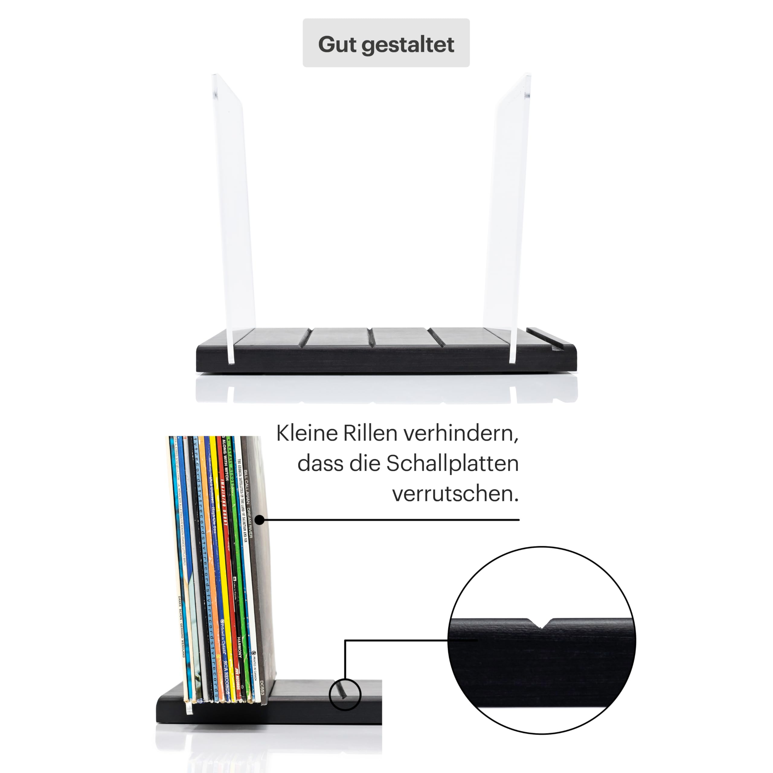 Schallplattenständer - Ein Plattenhalter im minimalistischen Design - 50 LP Kapazität - mit einer vorderen Display-Rille (Schwarz)